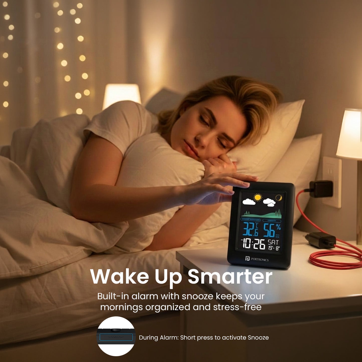 portronics meteo weather clock | smart indoor climate monitor with alarm and snooze function | digital weather clock weather station meteo
