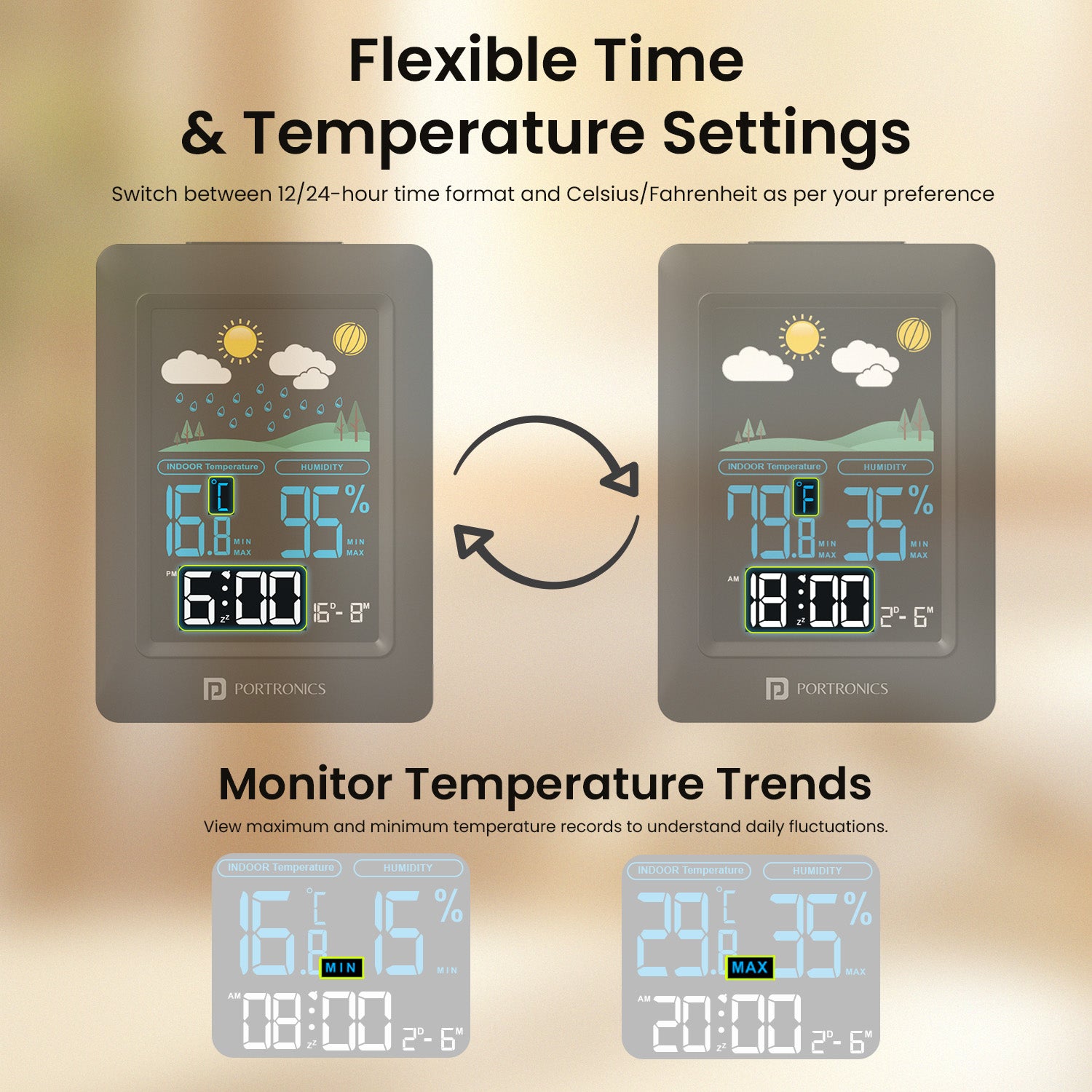 portronics meteo weather clock | smart indoor climate monitor with alarm and snooze function | digital weather clock weather station meteo
