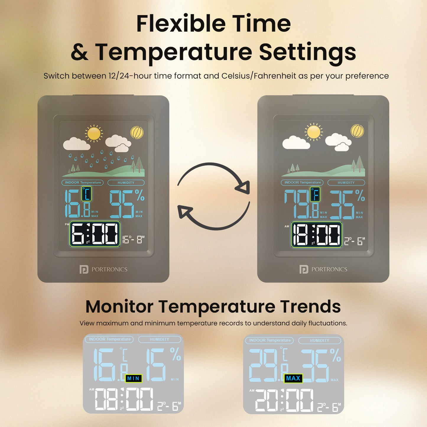portronics meteo weather clock | smart indoor climate monitor with alarm and snooze function | digital weather clock weather station meteo
