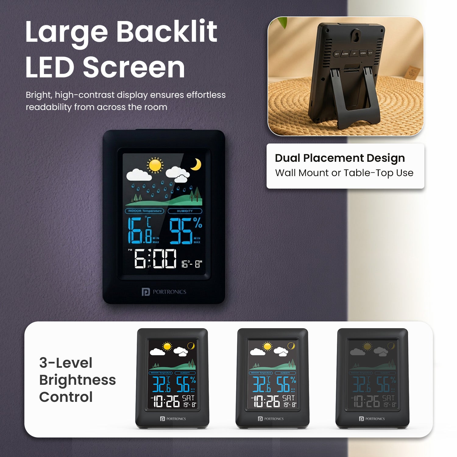 portronics meteo weather station | indoor temperature humidity tracker with min max records | digital indoor weather clock meteo