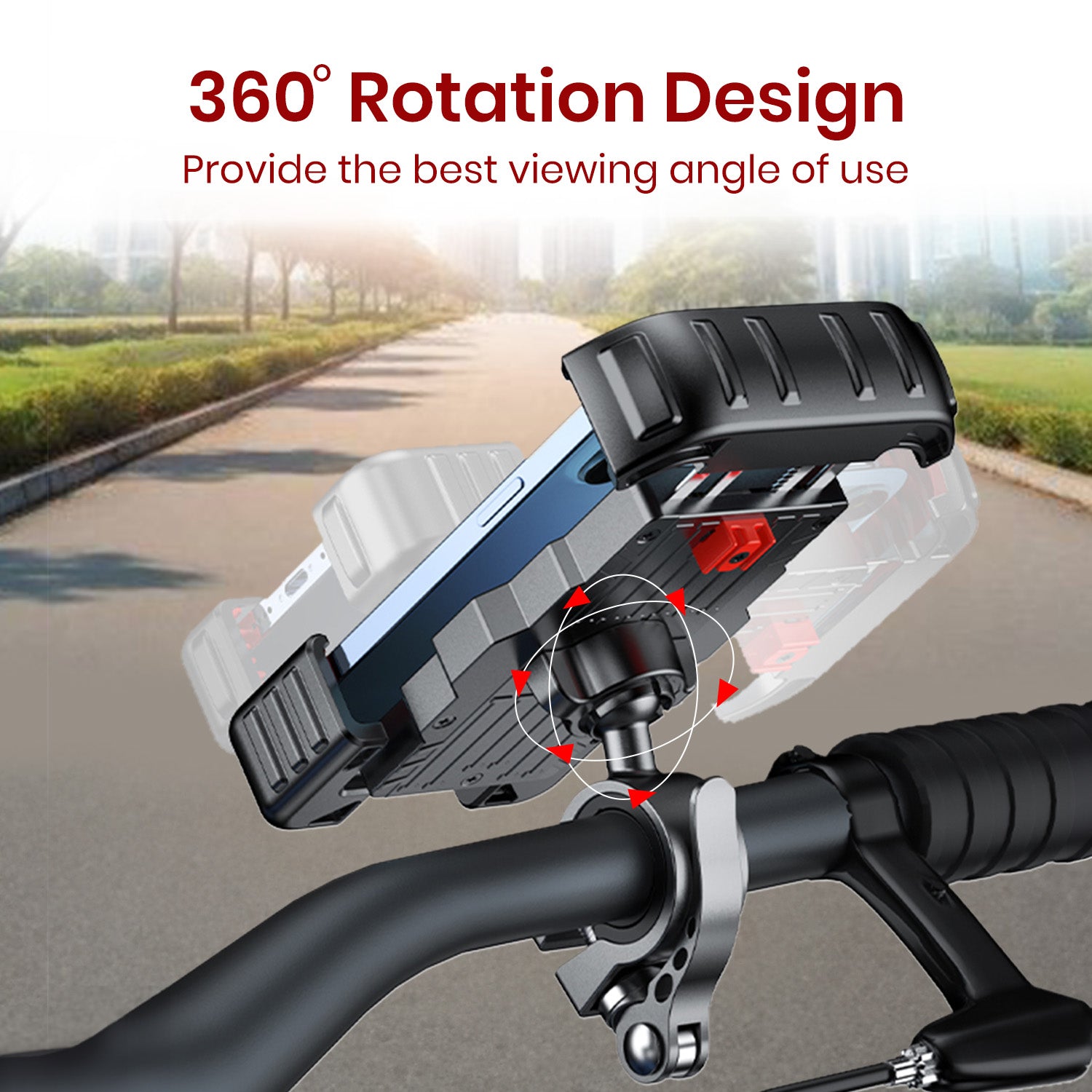 portronics mobike prime 360 rotate phone holder with adjustable ball joint on handlebar | motorcycle phone mount with full 360 degree rotation for portrait and landscape mode switching | 360 rotate phone holder for bike allowing flexible viewing angle for calls music and gps on rides | universal bike phone mount with 360 degree adjustable ball joint for best viewing angle