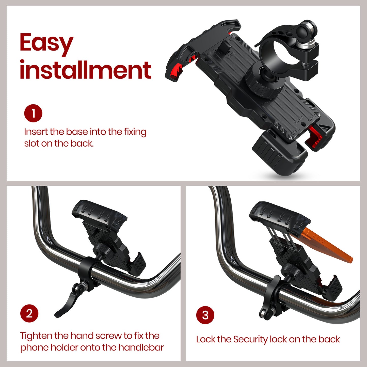 portronics mobike prime easy tool-free installation on bike handlebar in three simple steps | handlebar mobile mount with quick clamp screw and smart lock setup without any tools required | mobile holder for bike with quick and easy installation for daily commuters and long-distance riders | best bike mobile stand with tool-free 3-step handlebar installation for bicycle motorcycle and scooty