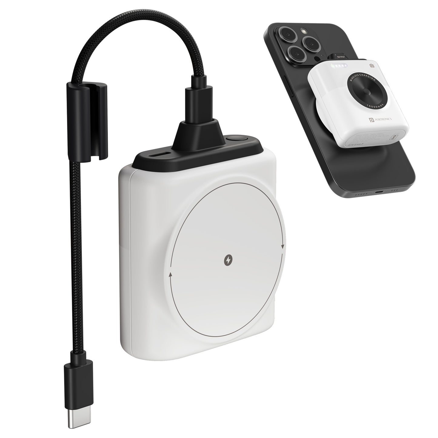 White portronics moji 10 10000mah magnetic powerbank | ultra-compact pocket power bank with 15w wireless charging | smallest power bank for mobile and iphone users