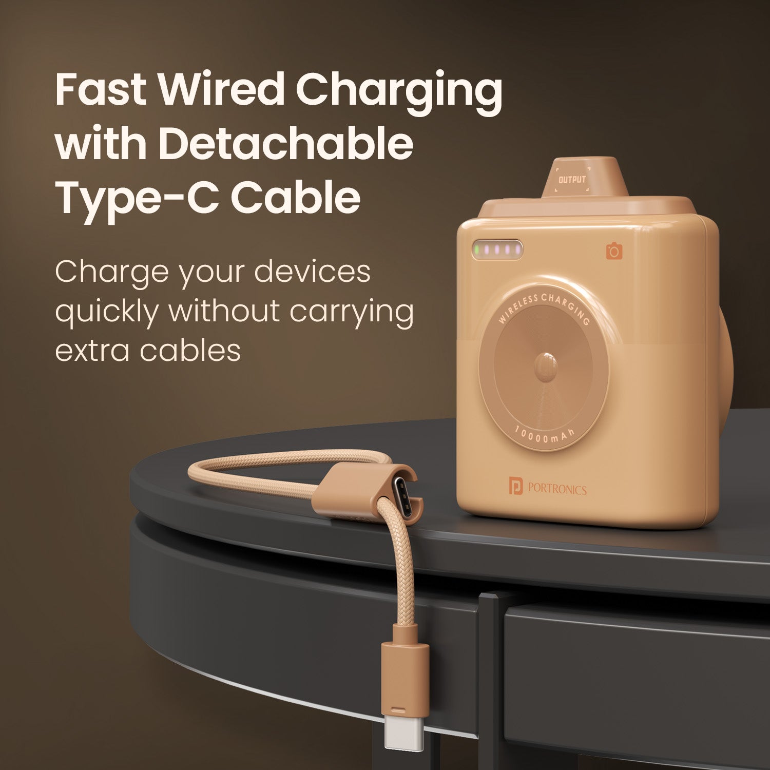 Mocha portronics moji 10 power bank | 20w type-c pd fast charging with detachable cable | durable power bank for student and travel needs