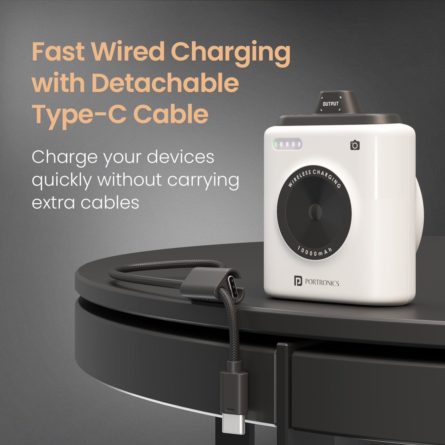 White portronics moji 10 power bank | 20w type-c pd fast charging with detachable cable | durable power bank for student and travel needs