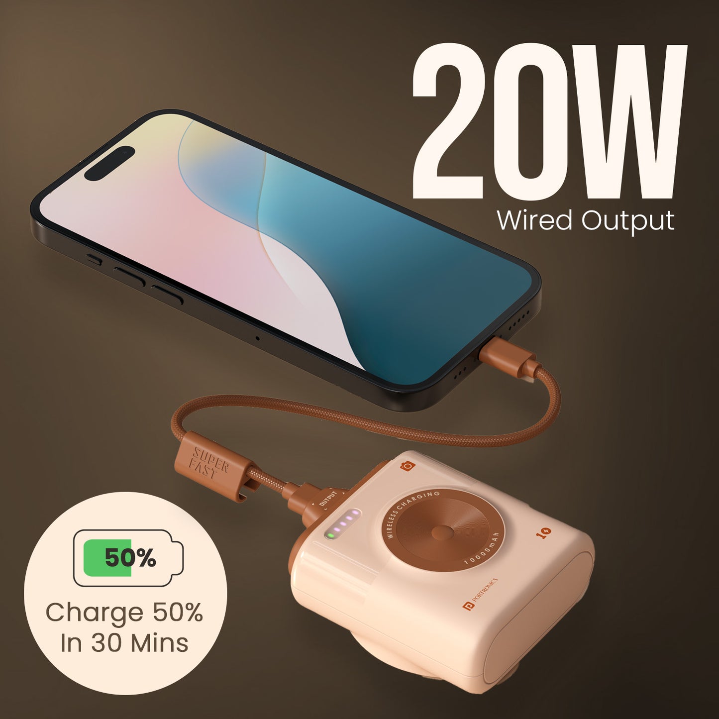 Mocha portronics moji 10 power bank | 20w type-c pd fast charging with detachable cable | durable power bank for student and travel needs