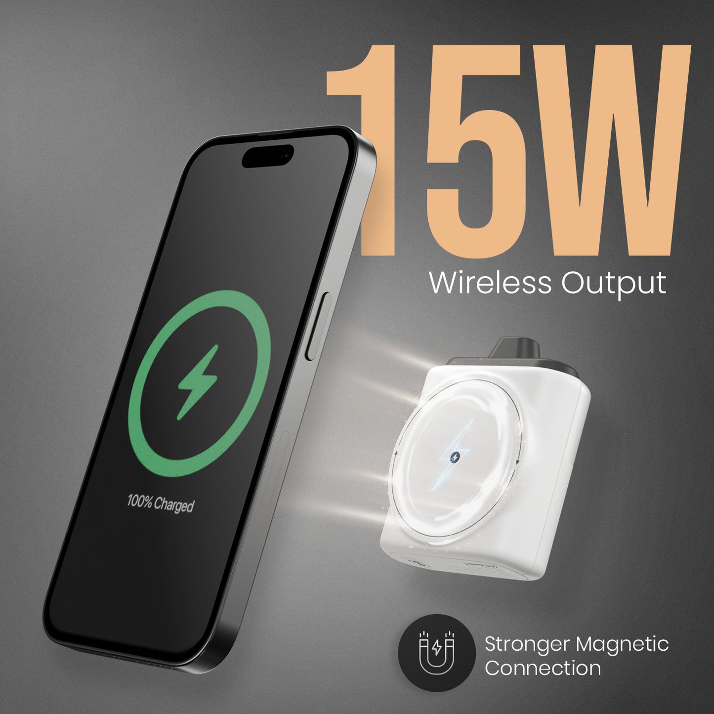 White portronics moji 10 wireless powerbank | strong magnetic alignment with 15w wireless charging | 10000mah magnetic powerbank for iphone and smartphones