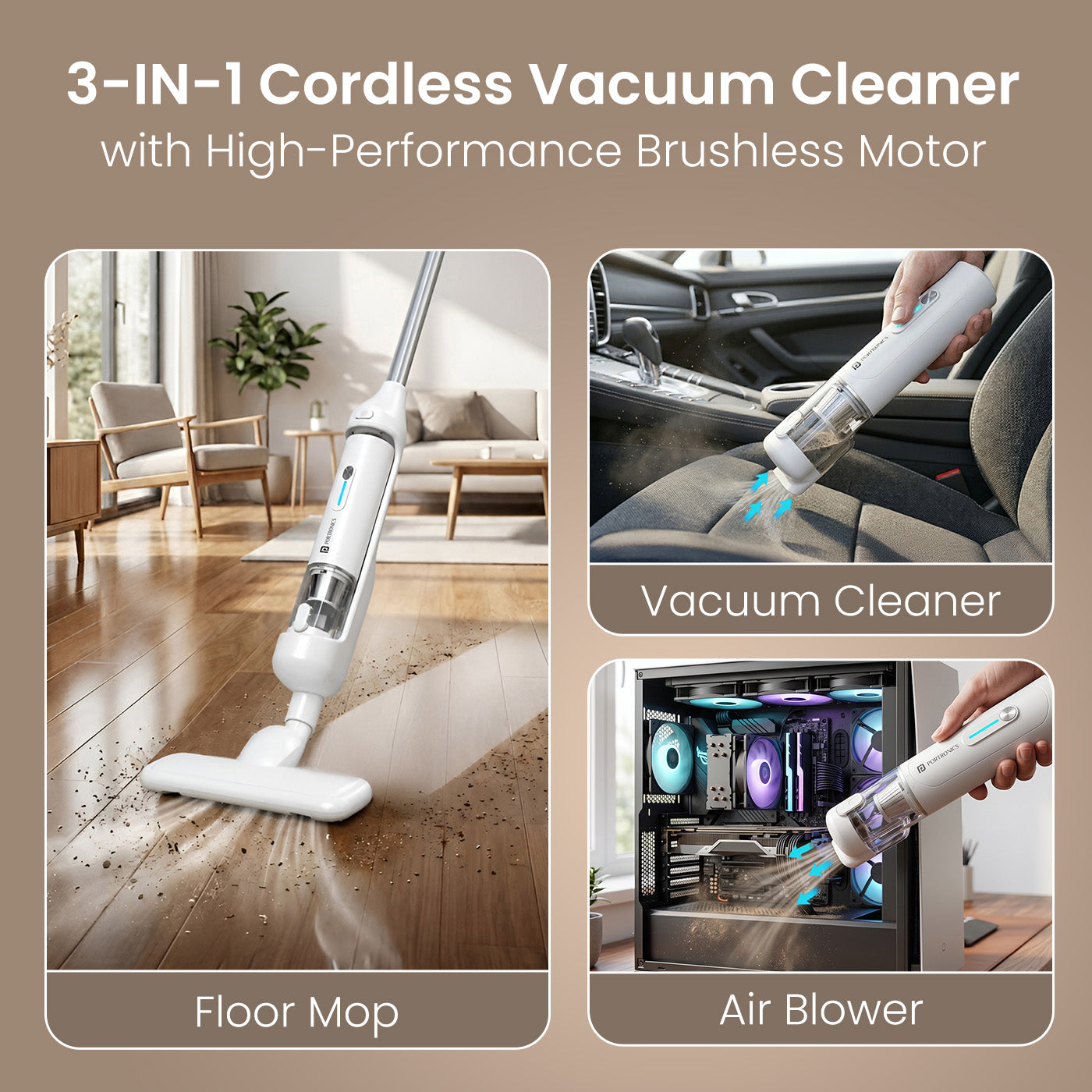 portronics mopcop duo cordless vacuum cleaner | brushless motor convertible into floor mop and dust blower | car interior detailing keyboard dusting and floor care | buy multi-purpose vacuum cleaner online