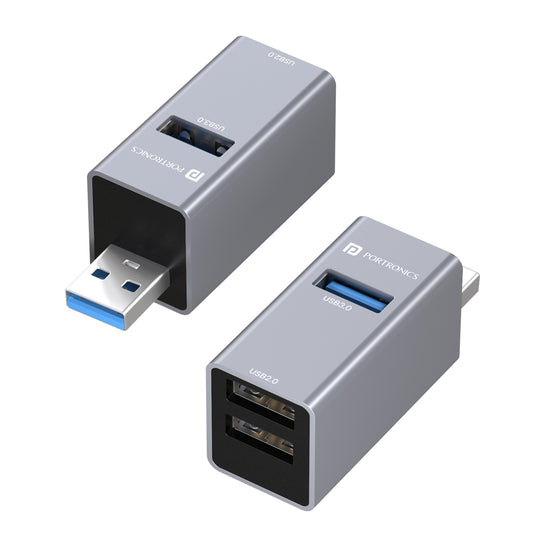 portronics mport link a 3 port usb a expansion hub | compact metallic aluminium chassis featuring male usb a connector alongside one usb 3.0 port and dual usb 2.0 slots | expanding single computer interface into a versatile multi port connection station | best 3-port usb hub for laptop and desktop computer accessories