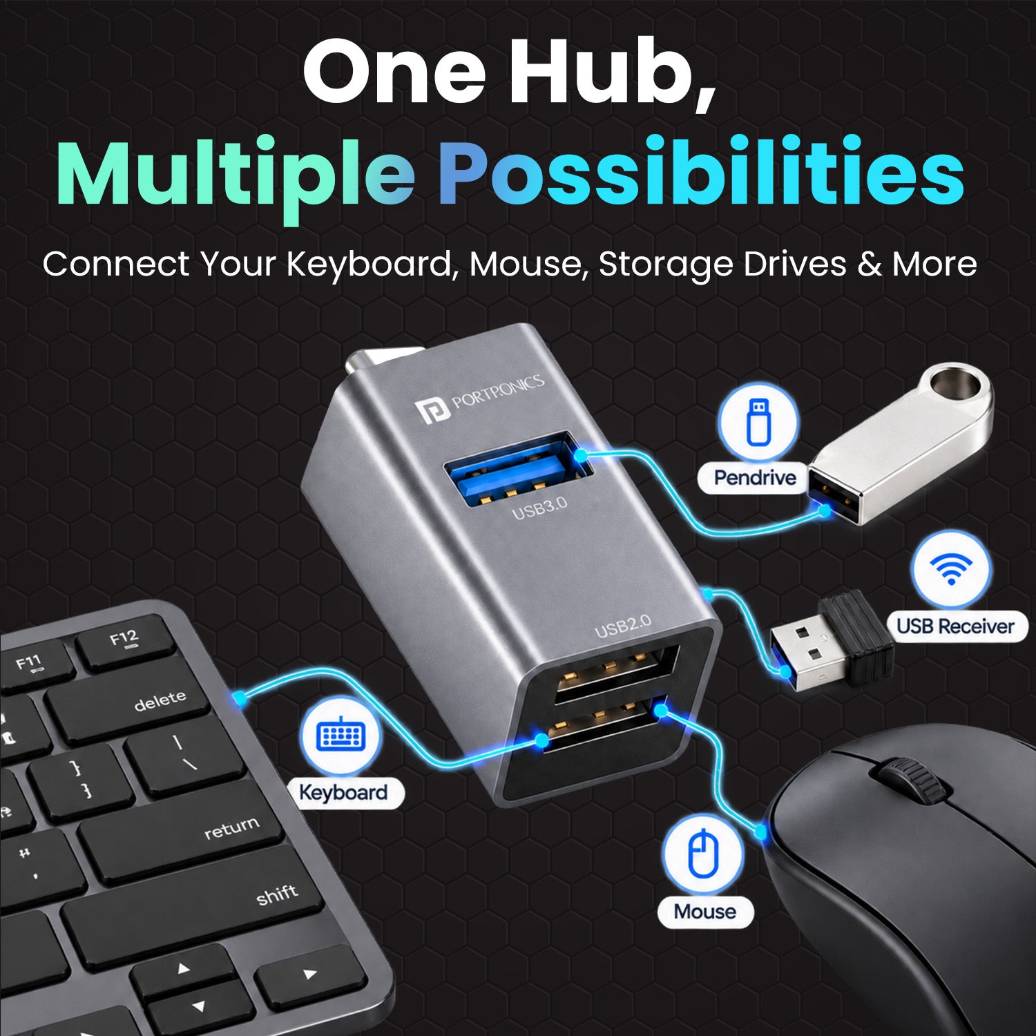 portronics mport link c usb hub for keyboard and mouse | multi device simultaneous routing hub powering external flash thumb drives wireless dongles and typing keyboards | operating full desktop peripheral setups smoothly from a single host computer port | multiport usb hub for multiple devices and gaming controllers