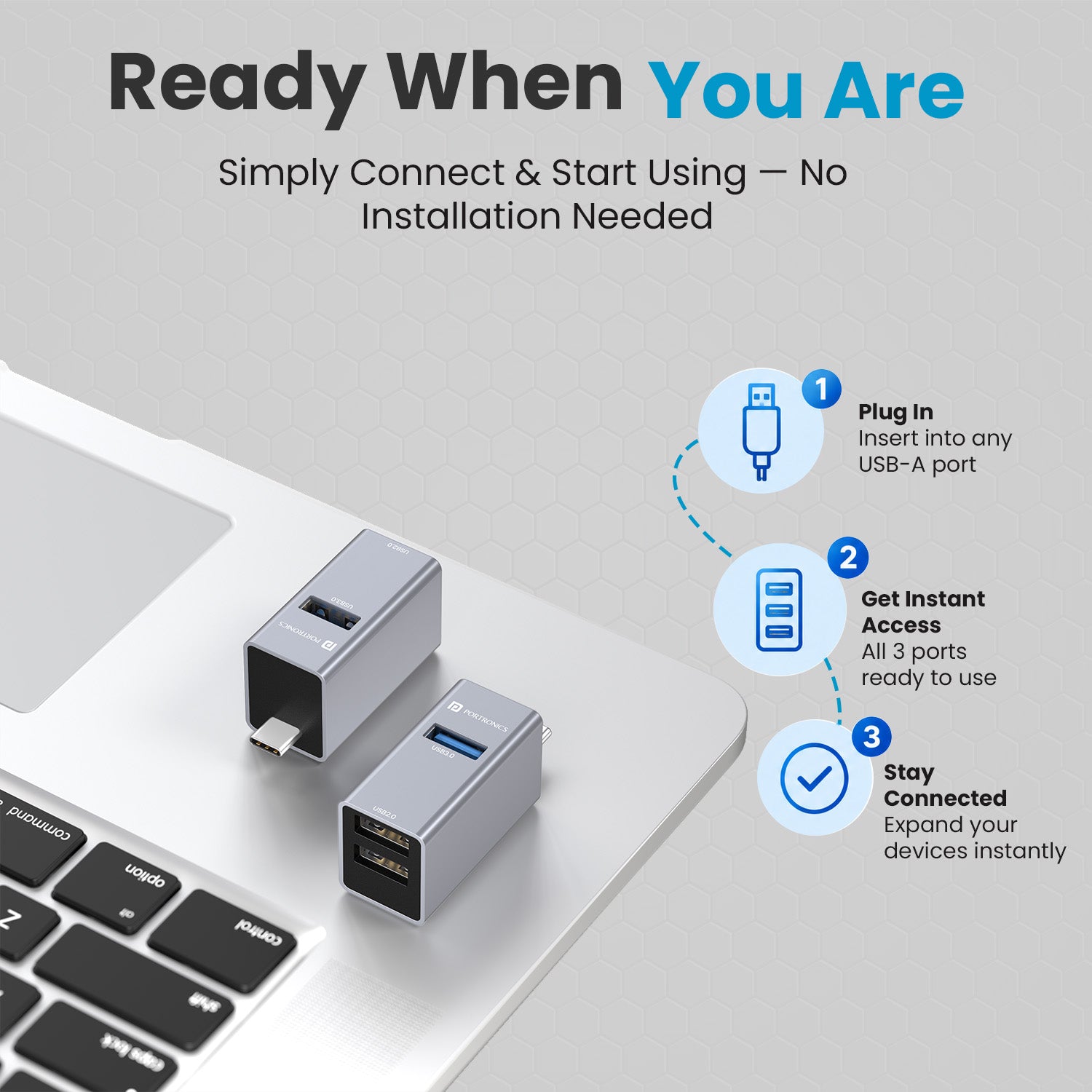portronics mport link c type c usb hub for macbook | instant driverless plug and play architecture establishing immediate hardware connection without third party software | docking directly into type c laptop ports during urgent business presentations and remote meetings | plug and play type c usb hub for macbook air and windows laptops