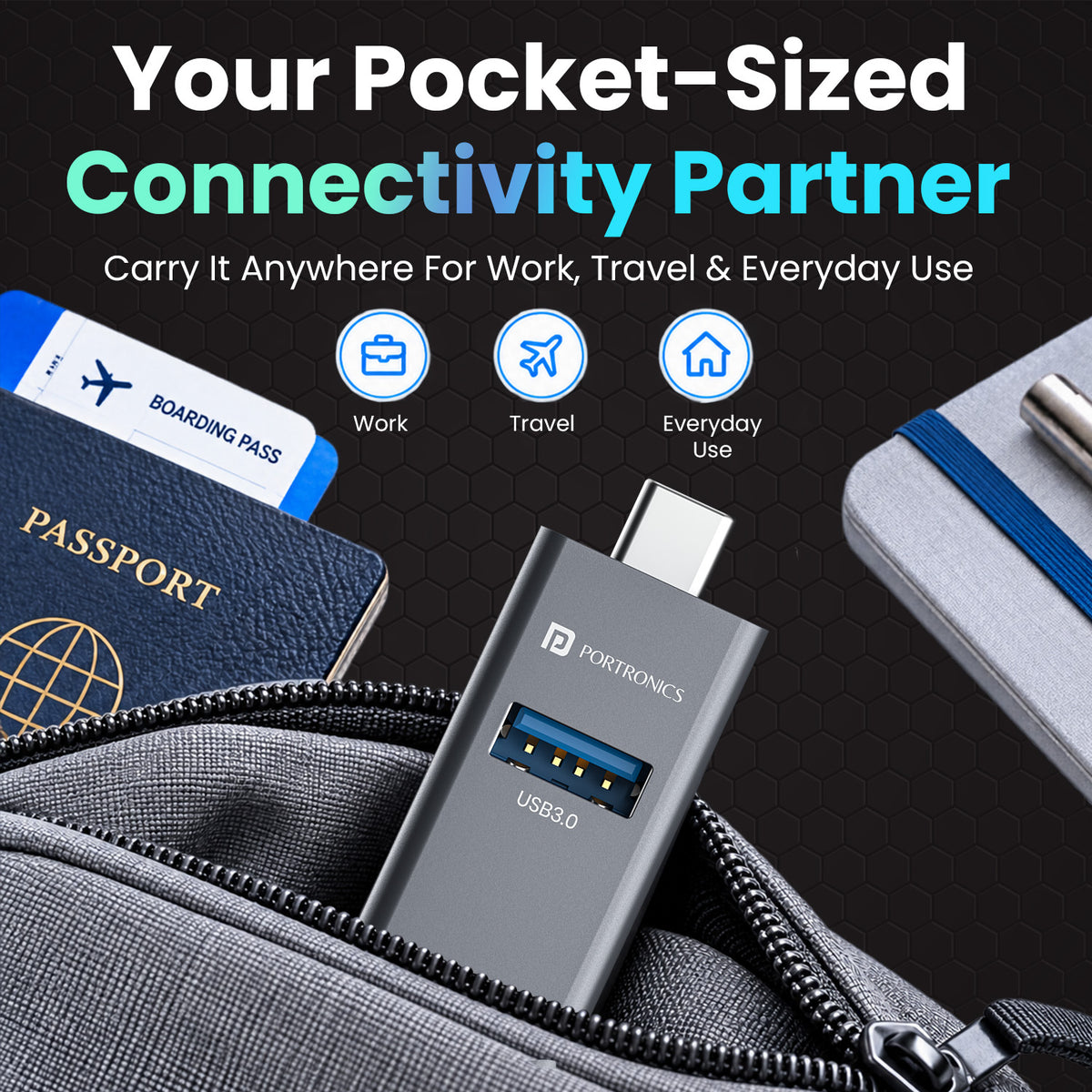 portronics mport link c compact usb hub for travel | rugged travel ready construction designed to withstand everyday friction inside backpacks and passport folios | enabling digital nomads and frequent flyers to work productively from airport lounges and cafes | travel friendly type c hub for productivity on the go