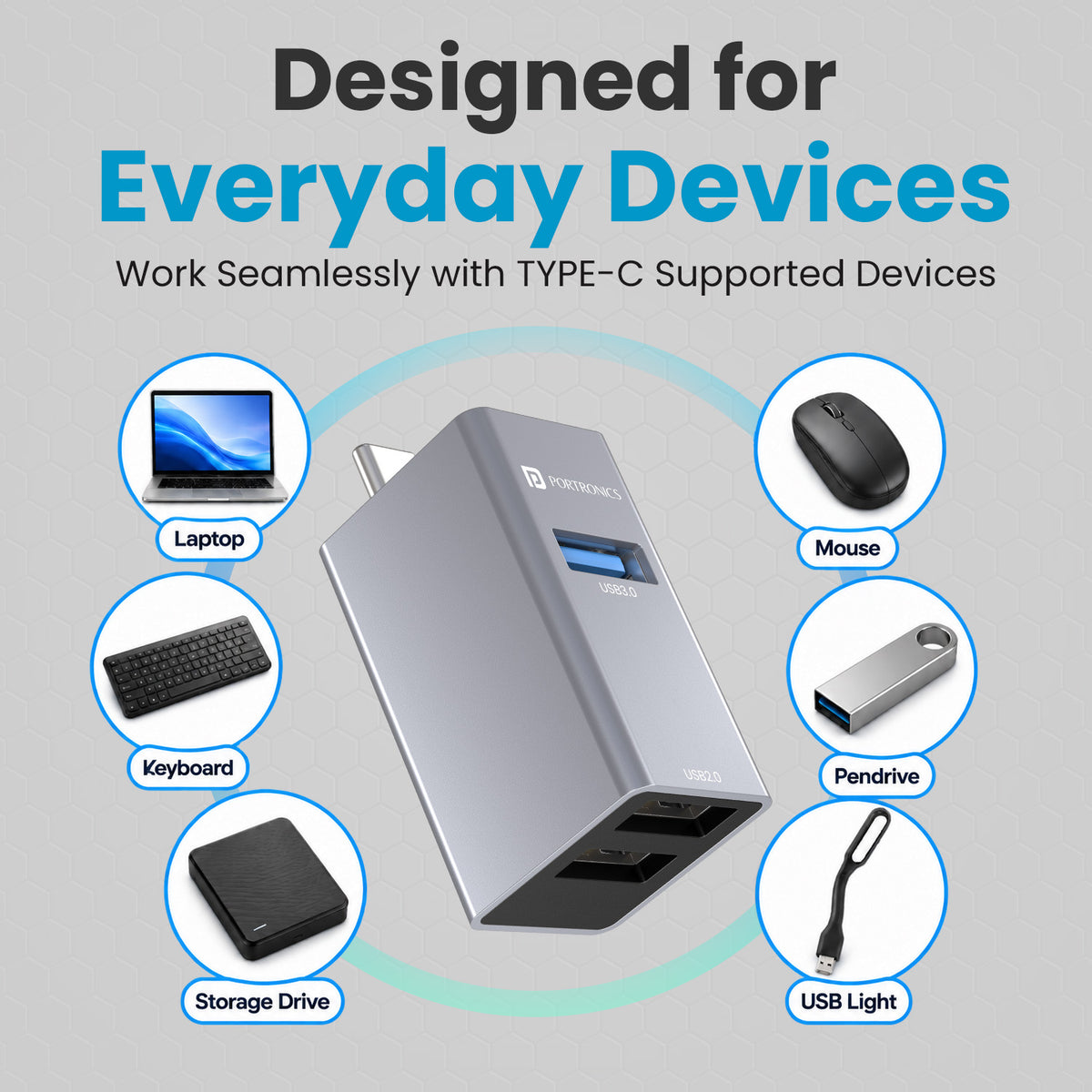 portronics mport link c multi usb adapter | broad hardware interoperability supporting external solid state drives portable desk lamps and peripheral dongles | synchronizing data and operating peripheral gadgets across android tablets macos and windows devices | universal multi function usb hub for laptop accessories and data transfer