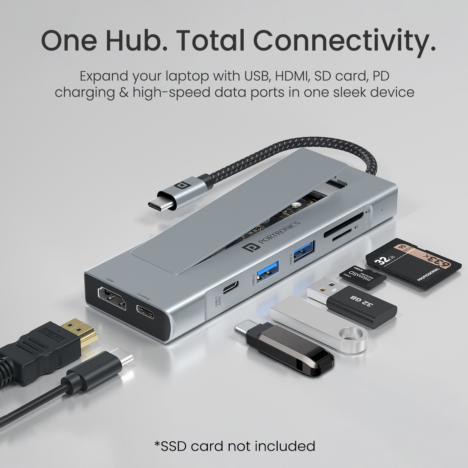 portronics mport space type c usb hub for macbook air | usb hub 3.0 with 100w power delivery charging 4k hdmi output and high speed data sync | best usb hub for laptop productivity