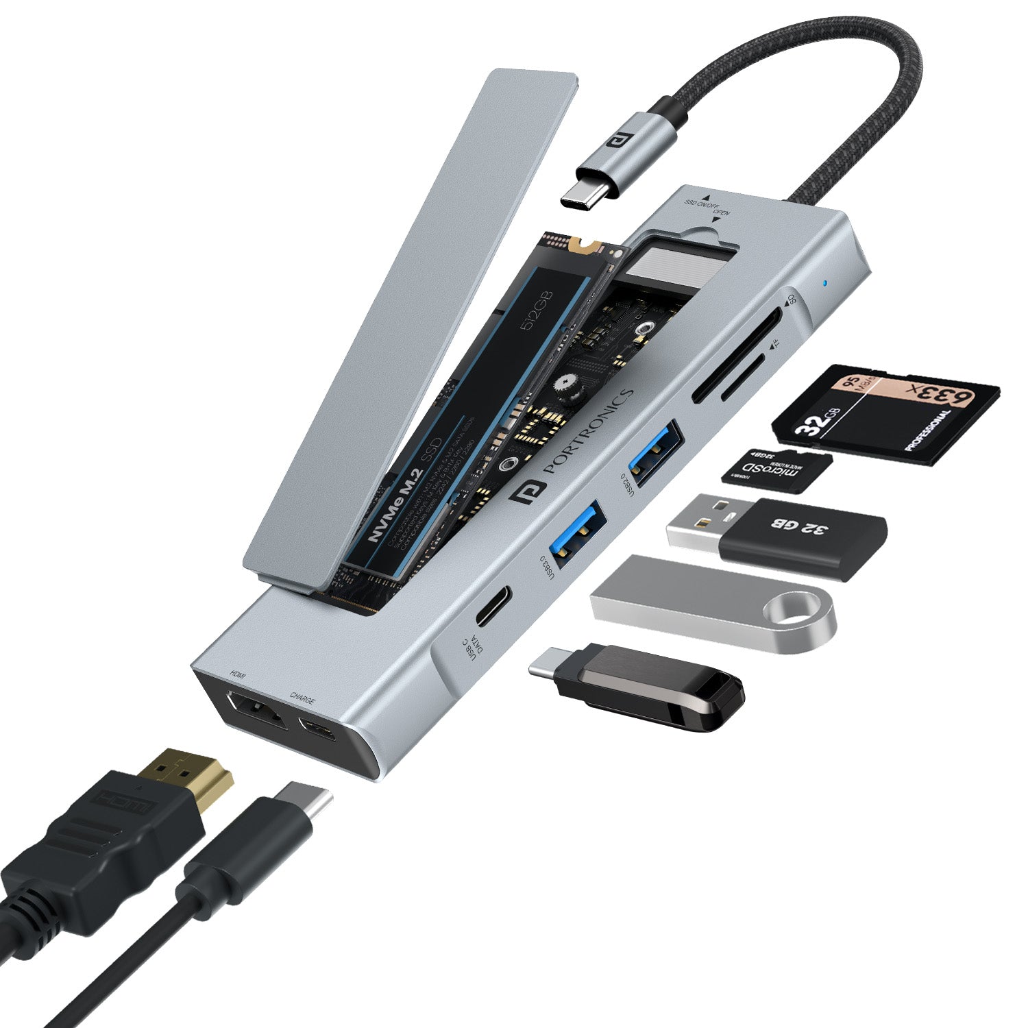 portronics mport space usb hub type c | multiport usb hub with built in m.2 ssd usb slot supporting nvme and sata 2242 2260 2280 | usb hub for laptop macbook air and pc