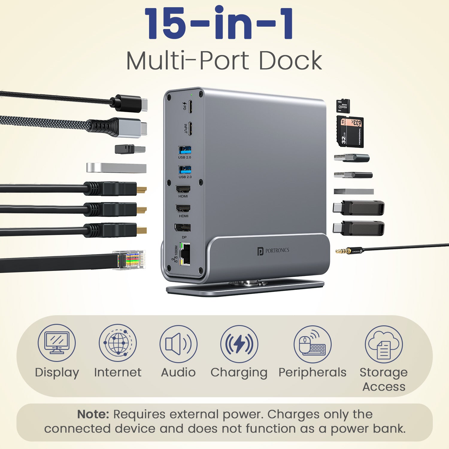 portronics mport vault pro 15 in 1 type c hub with 360 degree rotatable aluminium base design for easy port access and clean desk cable management