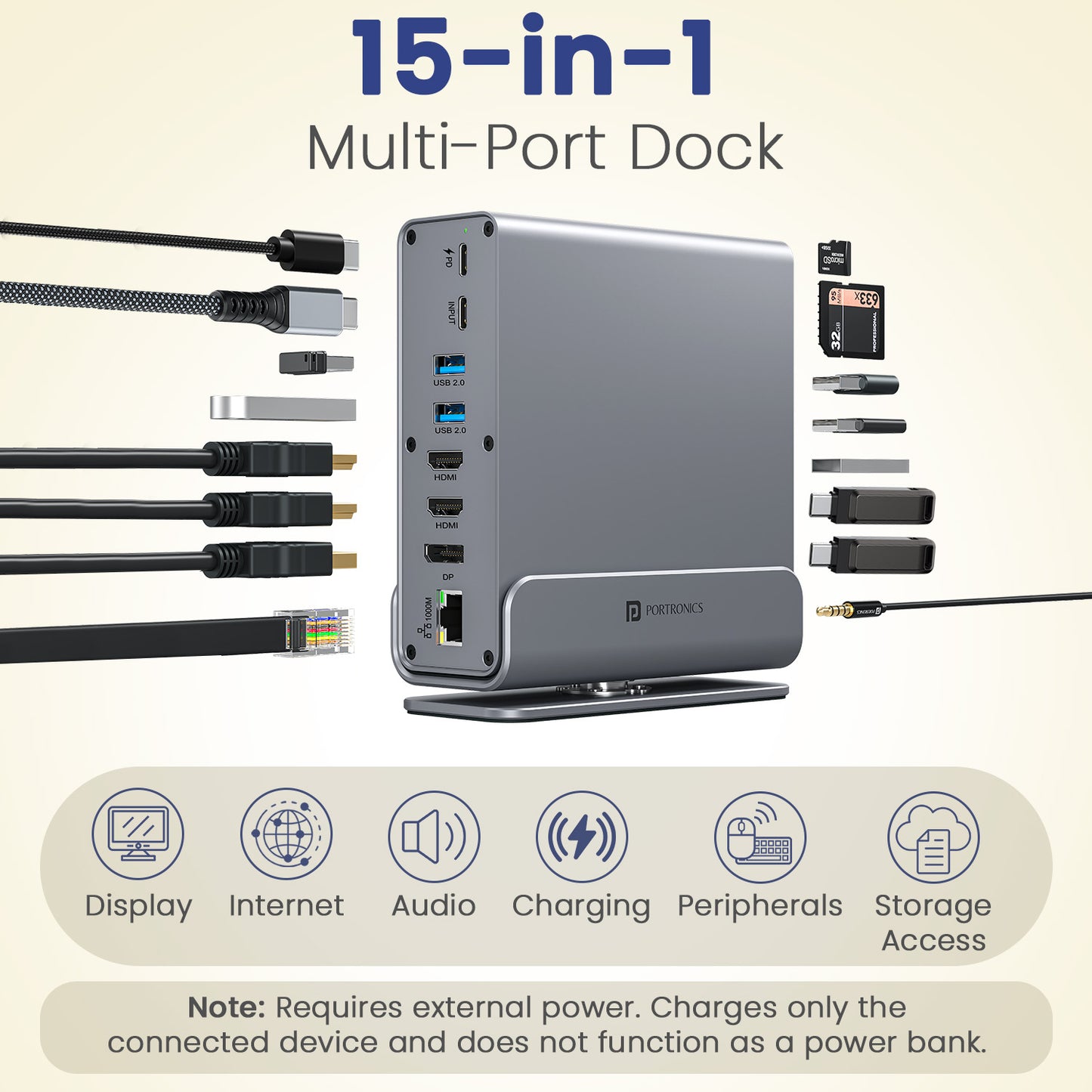 portronics mport vault pro 15 in 1 type c hub with 360 degree rotatable aluminium base design for easy port access and clean desk cable management