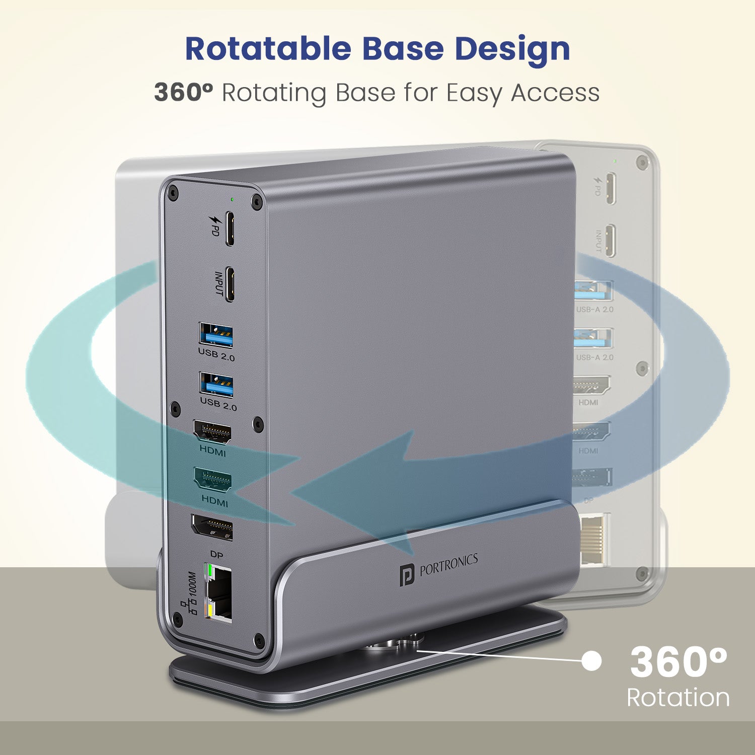 portronics mport vault pro 15 in 1 type c hub with 360 degree rotatable aluminium base design for easy port access and clean desk cable management