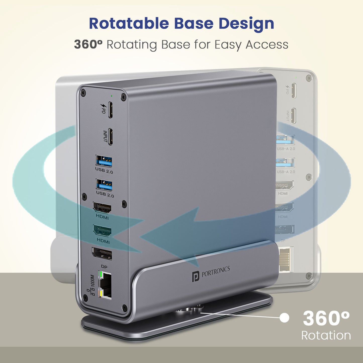 portronics mport vault pro 15 in 1 type c hub with 360 degree rotatable aluminium base design for easy port access and clean desk cable management