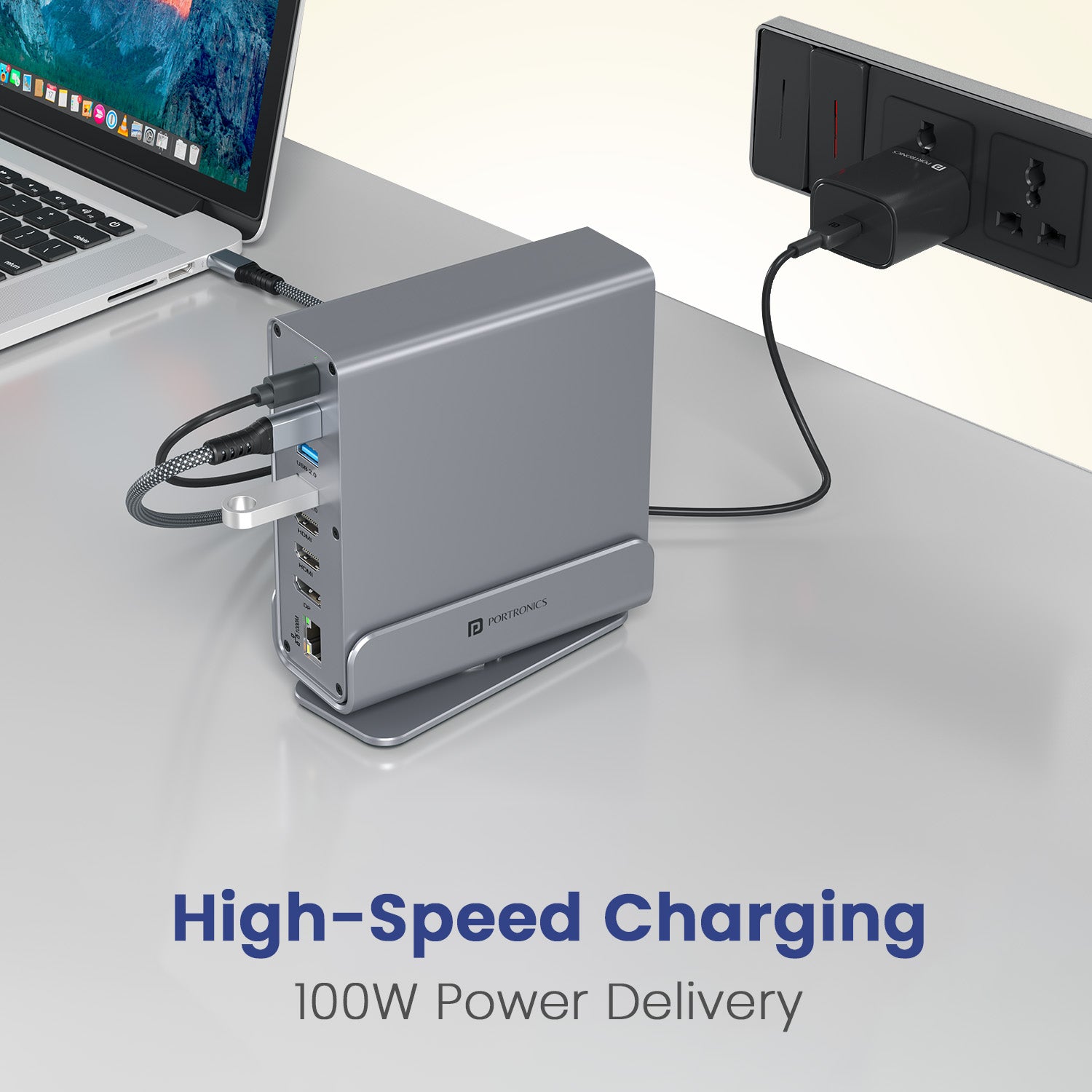 portronics mport vault pro docking station with high speed usb data transfer ports and 100w pd charging pass through for laptops and monitors