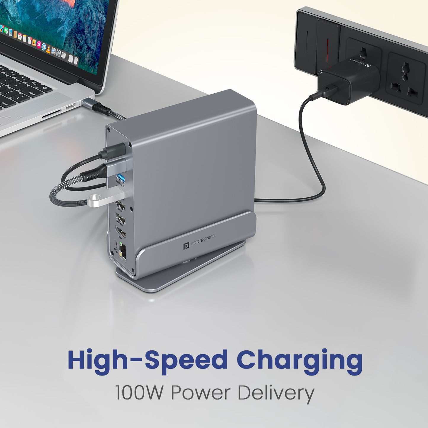 portronics mport vault pro docking station with high speed usb data transfer ports and 100w pd charging pass through for laptops and monitors