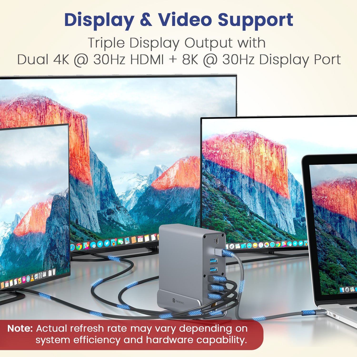 portronics mport vault pro multi port type c dock with dual 4k hdmi and 8k display port output supporting triple display workstation configuration
