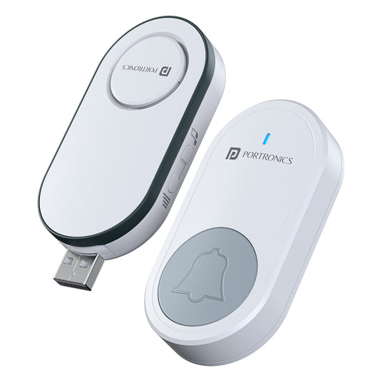 portronics ping u mini usb wireless doorbell | compact usb powered chime receiver paired with battery operated push button transmitter | alerting occupants instantly when visitors arrive at front doors and entrance gates | best wireless doorbell with usb receiver for home security