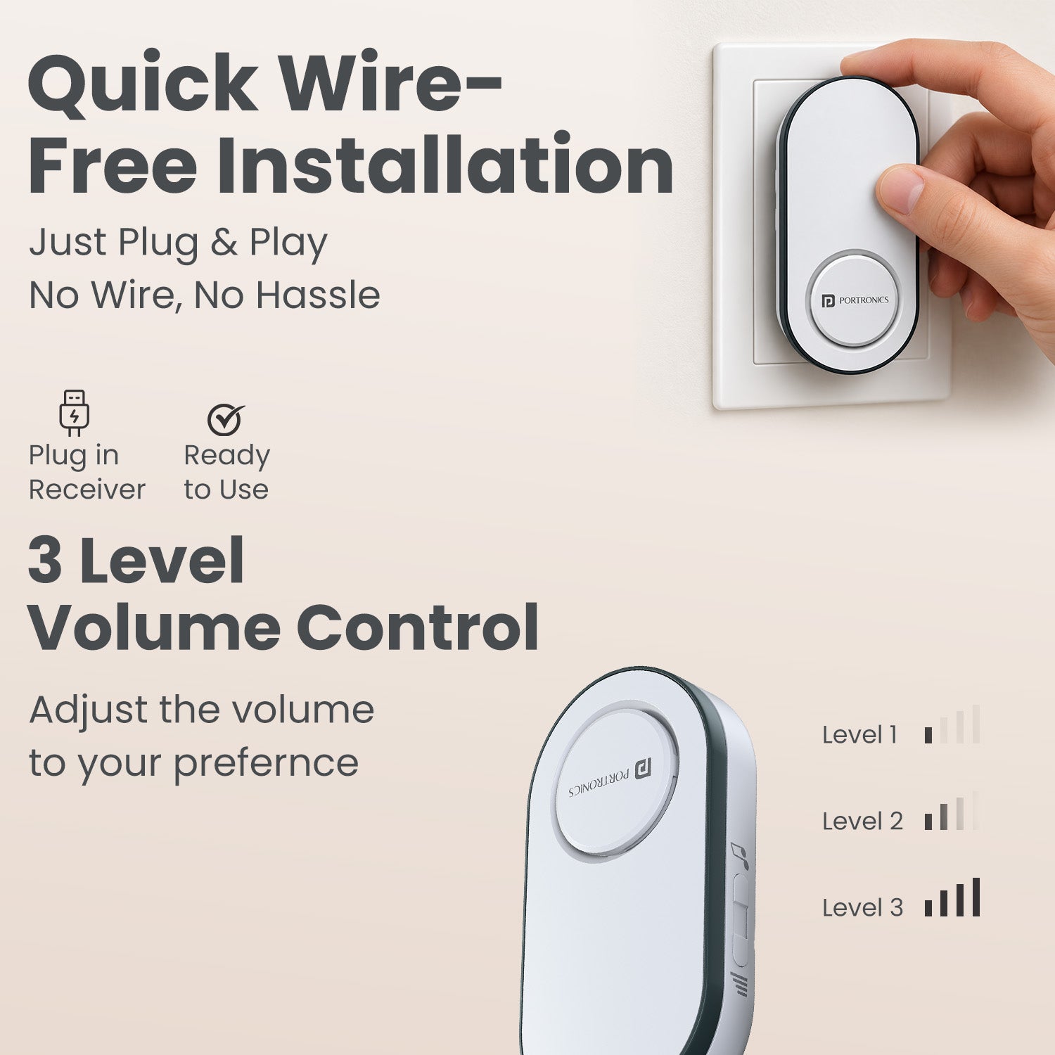 portronics ping u wire free doorbell | tool free peel and stick adhesive backing accompanied by three customizable volume loudness settings | mounting push button onto door frames effortlessly without drilling holes or complex wiring | easy installation wireless calling bell with volume control