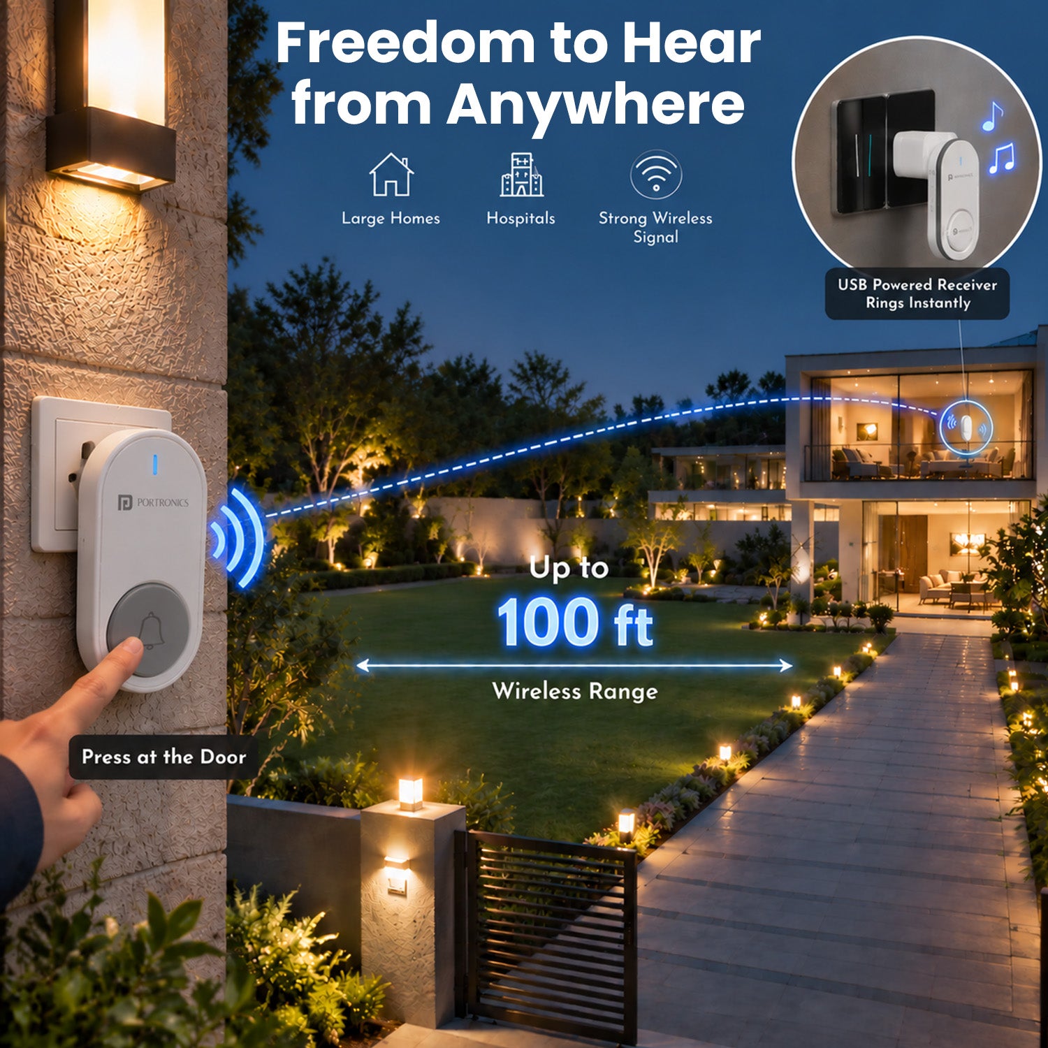 portronics ping u long range wireless doorbell | extended one hundred feet signal coverage penetrating multiple thick walls and doors reliably | notifying family members inside multi story houses and spacious suburban villas | 100 ft range wireless doorbell for large homes and villas