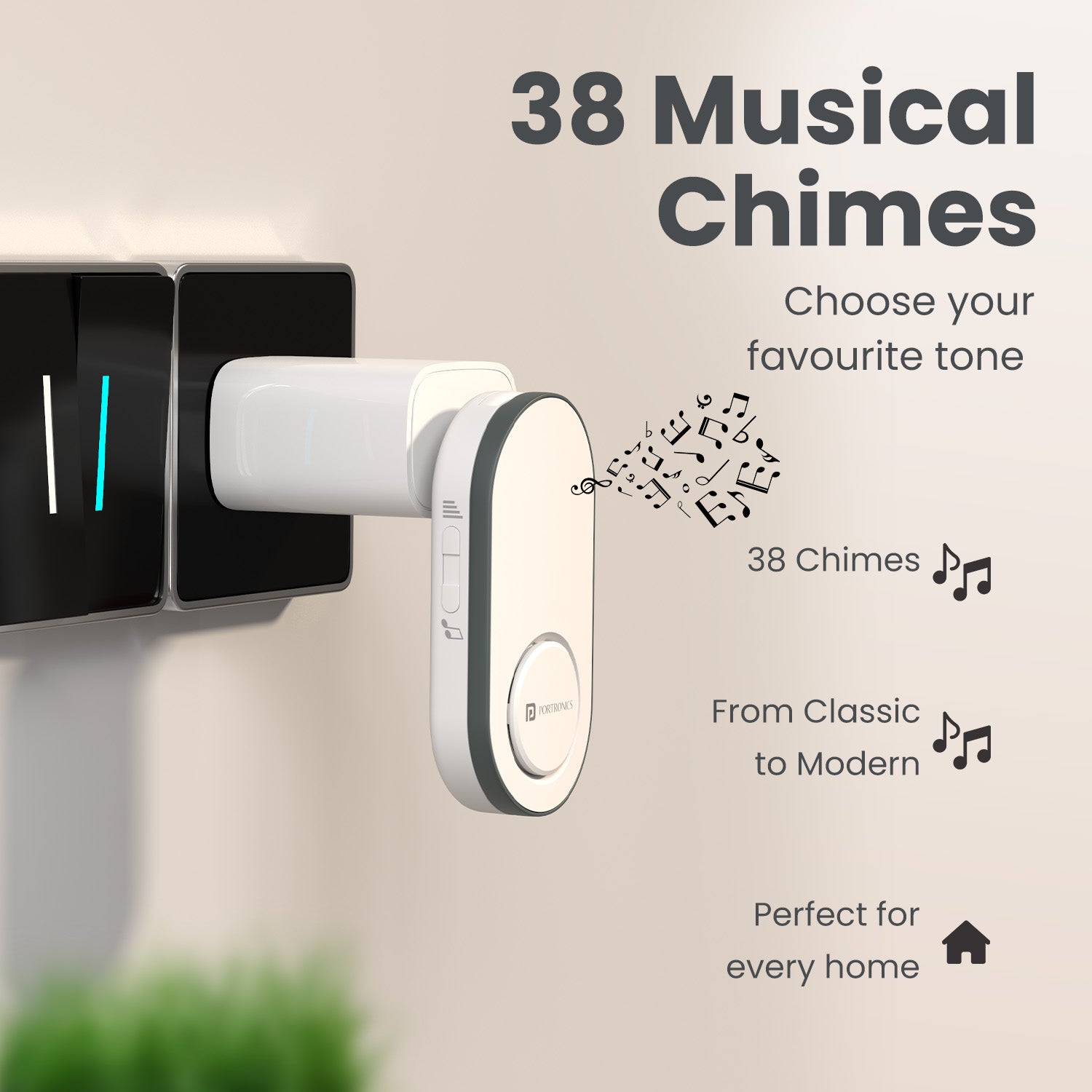 portronics ping u plug in wireless doorbell | thirty eight selectable melodic ringtones paired with convenient usb wall adapter power connection | customizing pleasant doorbell sound melodies to suit personal household preferences | musical wireless doorbell with multiple chimes for home
