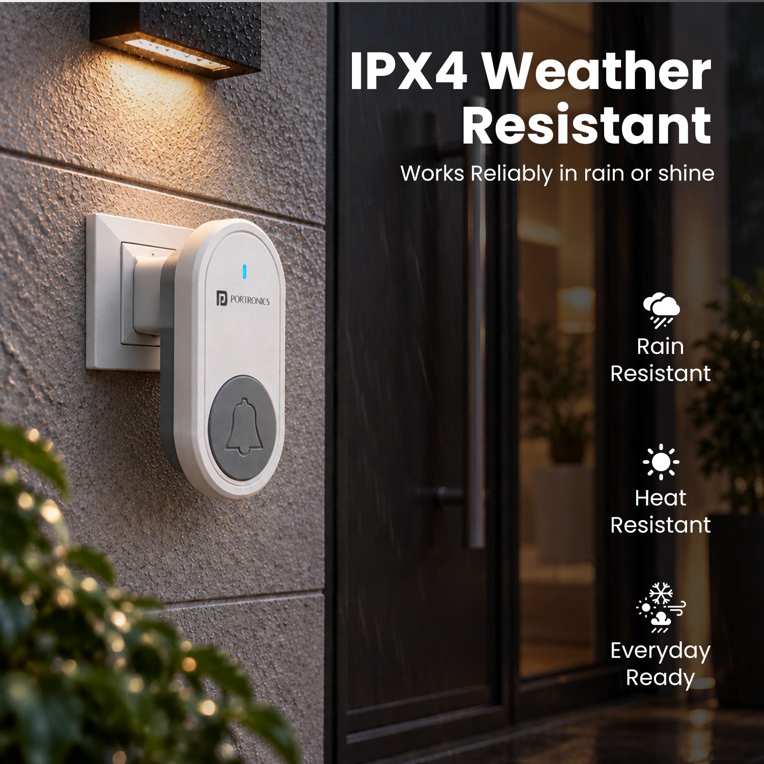 portronics ping u waterproof wireless doorbell | ipx4 certified splashproof and heat resistant outer housing built for demanding outdoor environments | withstanding heavy rain humidity and temperature swings outside front entryways | weather resistant outdoor calling bell for residential entrance