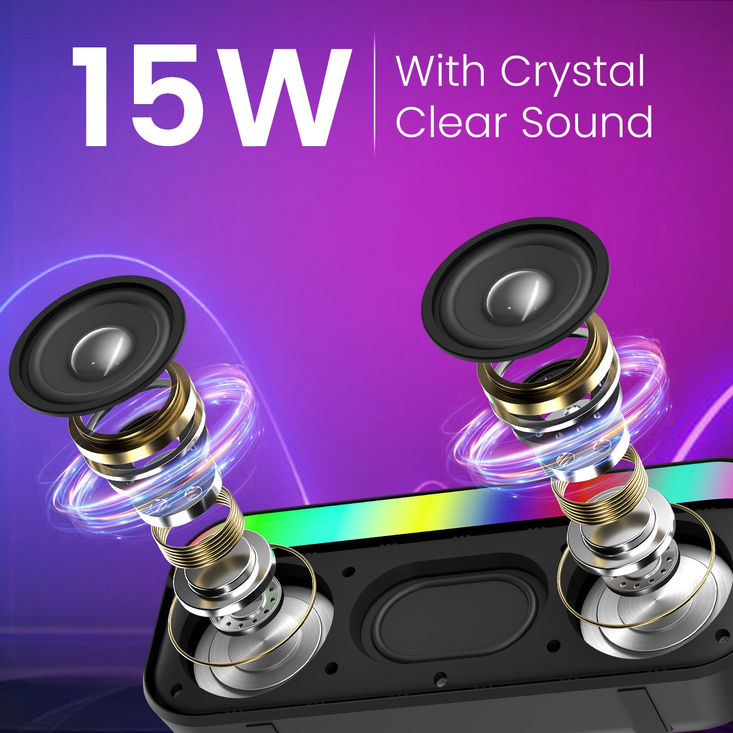 portronics plugs 3 15w bluetooth speaker | dual acoustic drivers delivering loud sound and deep bass hd sound speaker | enjoying clear music vocals in room environments wireless music speaker | 15w bluetooth speaker with dual drivers
