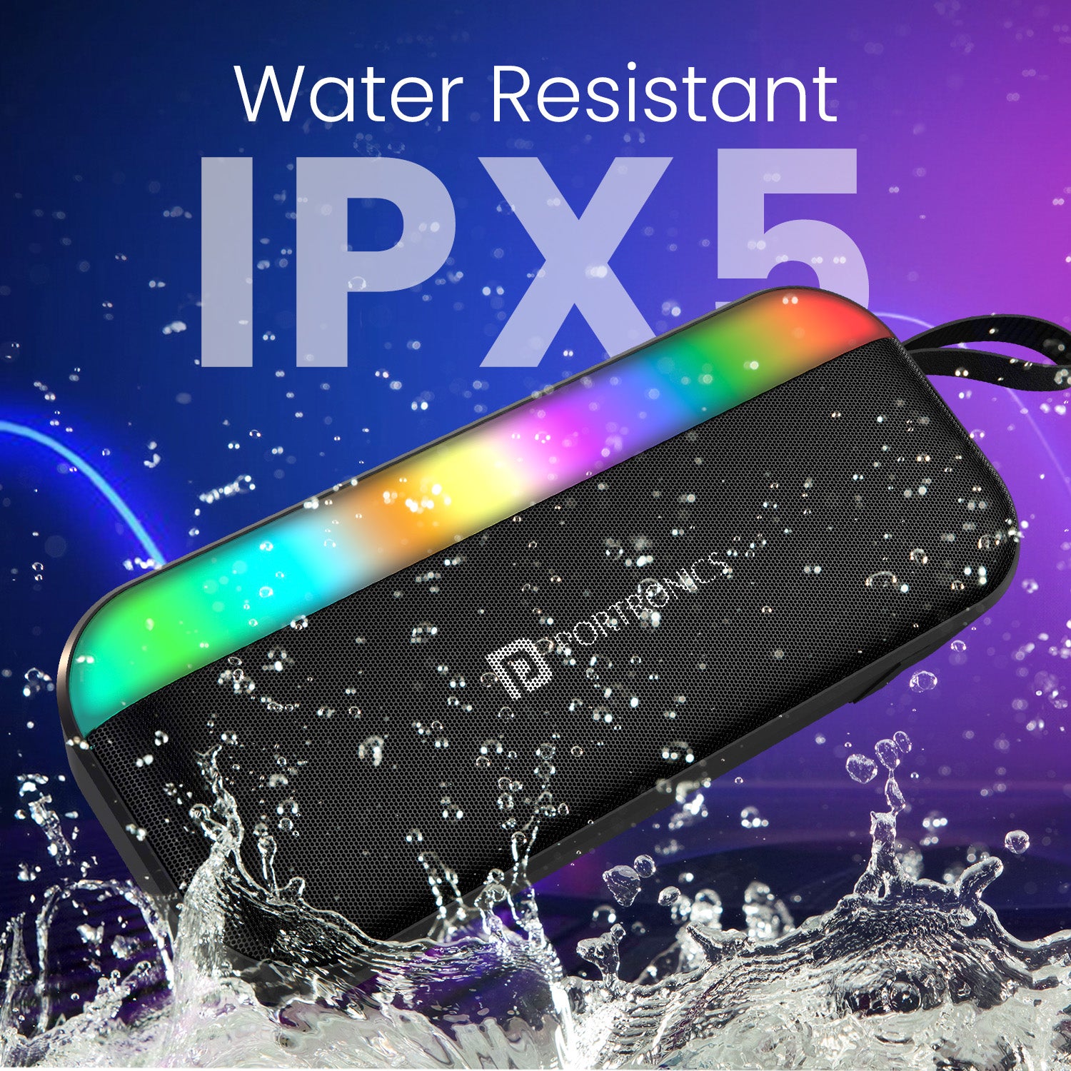 portronics plugs 3 water resistant speaker | ipx5 rated enclosure protecting components from splashes ipx5 waterproof speaker | listening to music near pool sides or on hikes portable party speaker | water resistant speaker for pool parties