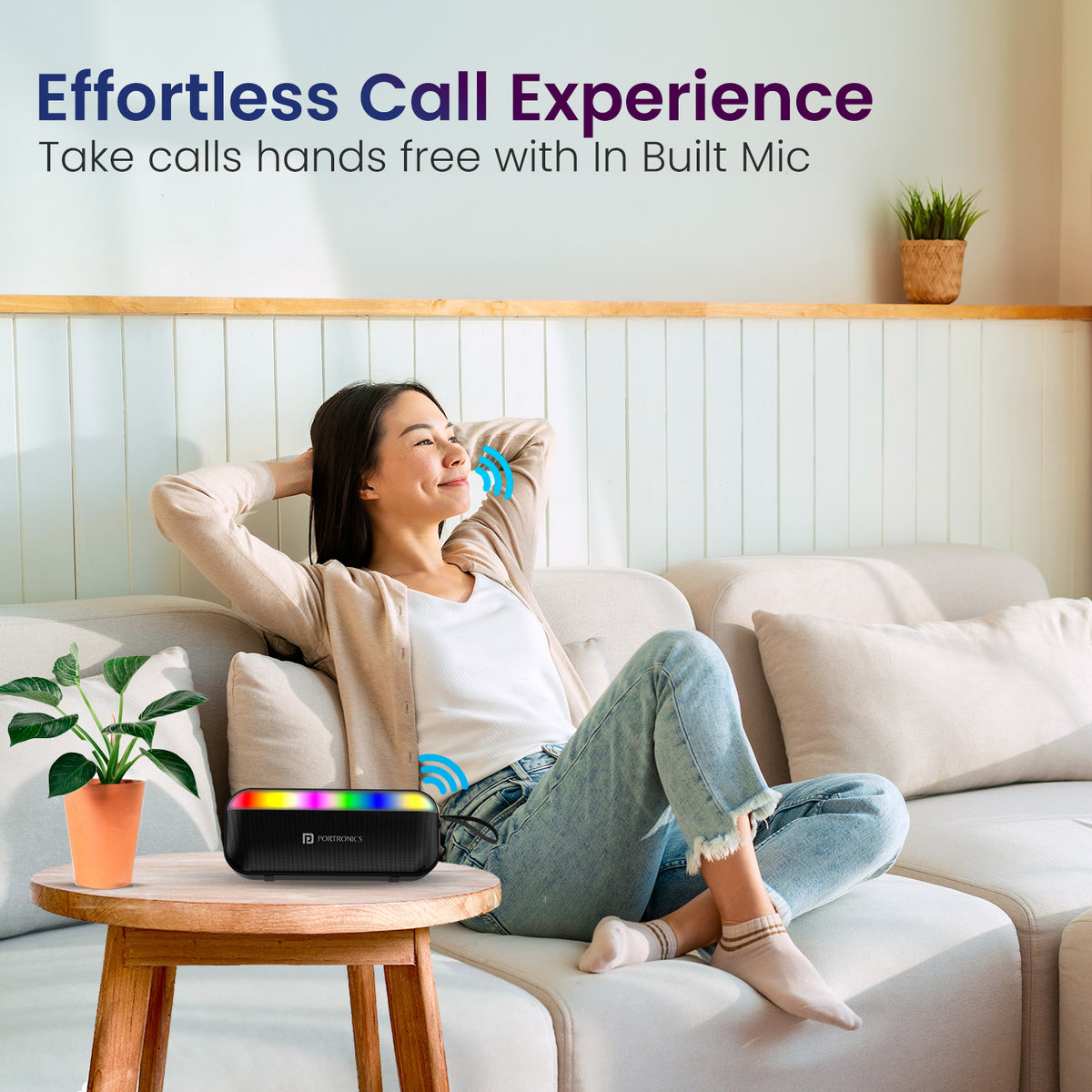 portronics plugs 3 hands-free calling speaker | built in microphone for taking clear calls wirelessly speaker with mic | managing calls hands free while working or relaxing wireless speaker | hands-free calling speaker for home office