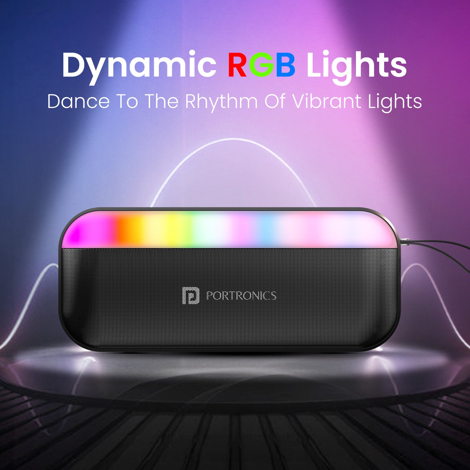 portronics plugs 3 rgb bluetooth speaker | music syncing led light strip along the cabinet rgb party speaker | creating a lively atmosphere for small get togethers party speaker | rgb bluetooth speaker for desk setup