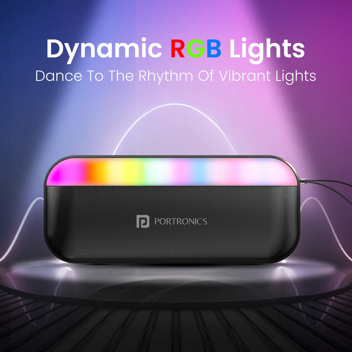portronics plugs 3 rgb bluetooth speaker | music syncing led light strip along the cabinet rgb party speaker | creating a lively atmosphere for small get togethers party speaker | rgb bluetooth speaker for desk setup