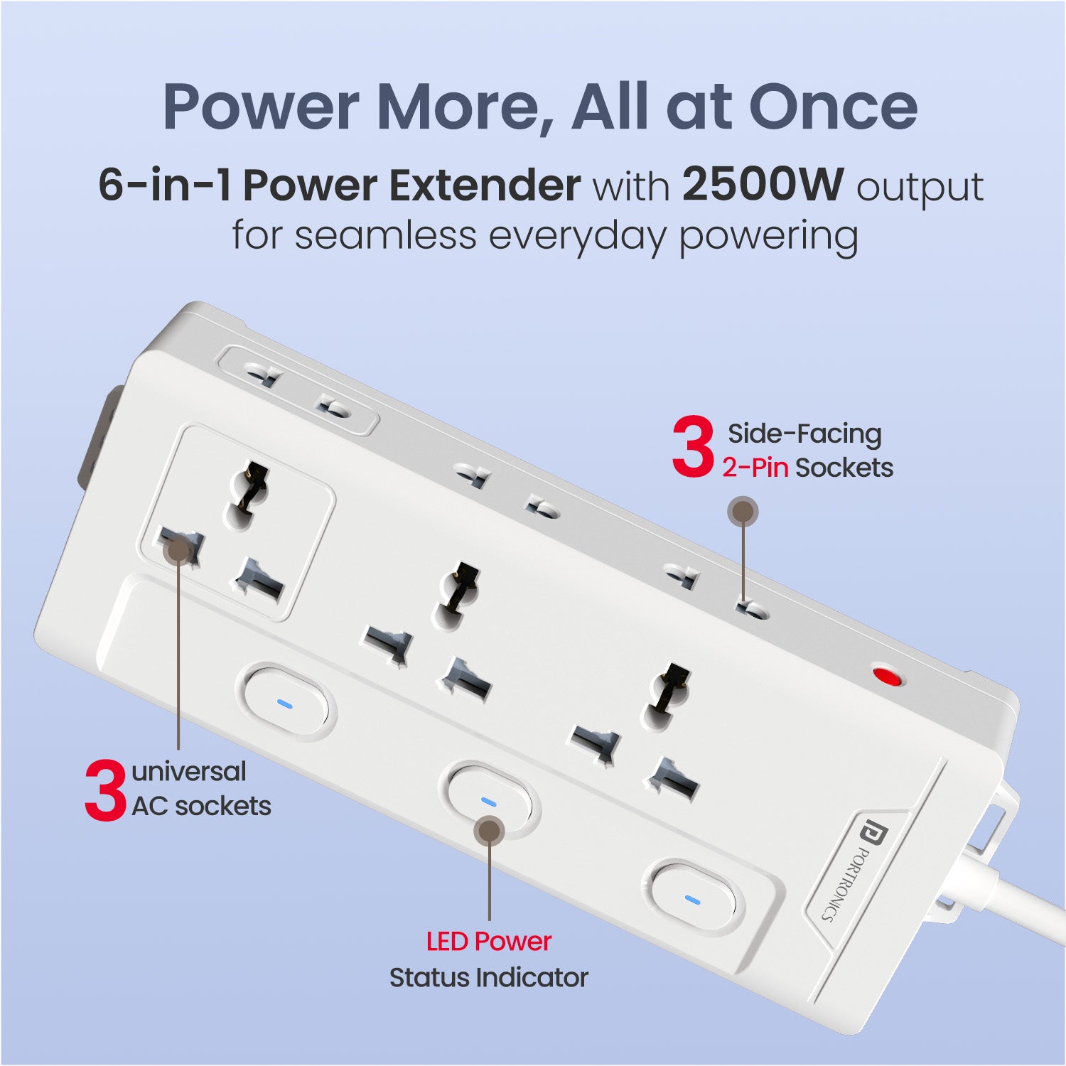portronics power plate 10 pro 6-in-1 multi port power extension box with 3 universal sockets and 3 dedicated 2-pin side sockets | 2500w power boards with individual switches and led indicators for seamless everyday powering | best heavy duty extension board with usb charger and adapters & chargers for all-day use