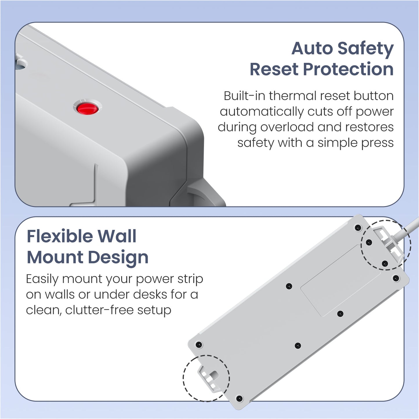 portronics power plate 10 pro auto safety reset protection with built-in thermal reset button and flexible wall mount design | wall mountable power strip and electric extension board with clean clutter-free installation on walls or under desks | best portable power boards and power extension box with reset button and wall mount slots for organized setup
