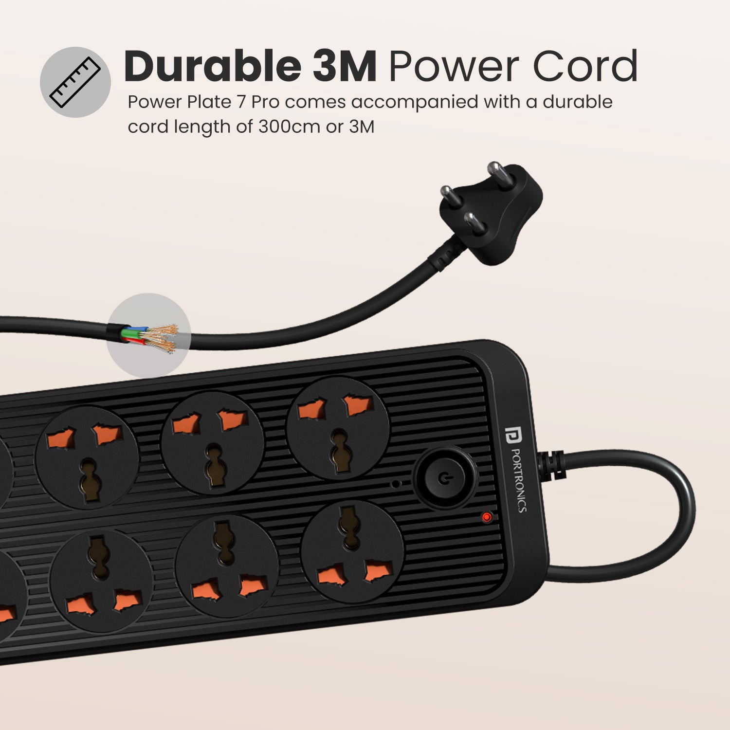 portronics power plate 7 pro 3m extension board | heavy duty three meter long insulated core extension cord with grounded three pin plug | reaching distant wall electrical points easily behind large sofas and heavy office desks | durable long cord extension board for home and office power distribution
