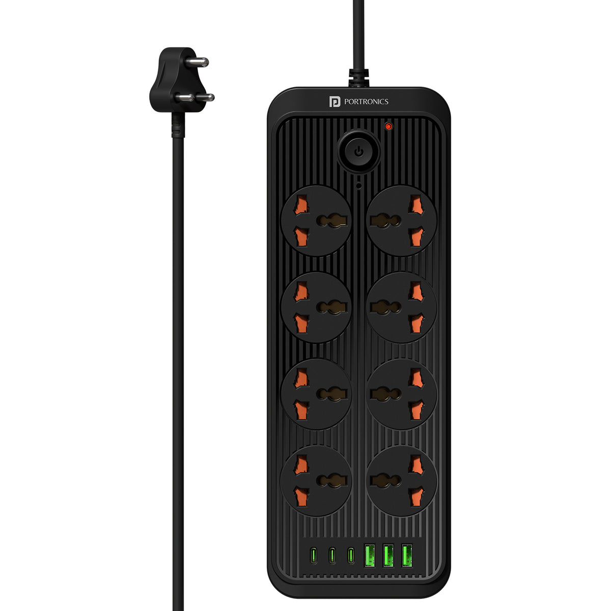portronics power plate 7 pro 8 universal power sockets power extender | eight universal ac outlets paired with three usb a and three type c charging ports | centralizing multiple appliances and smart gadget charging across modern workstations | best multi socket extension board with usb and type c ports