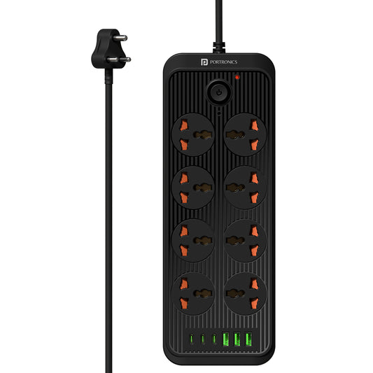 portronics power plate 7 pro 8 universal power sockets power extender | eight universal ac outlets paired with three usb a and three type c charging ports | centralizing multiple appliances and smart gadget charging across modern workstations | best multi socket extension board with usb and type c ports
