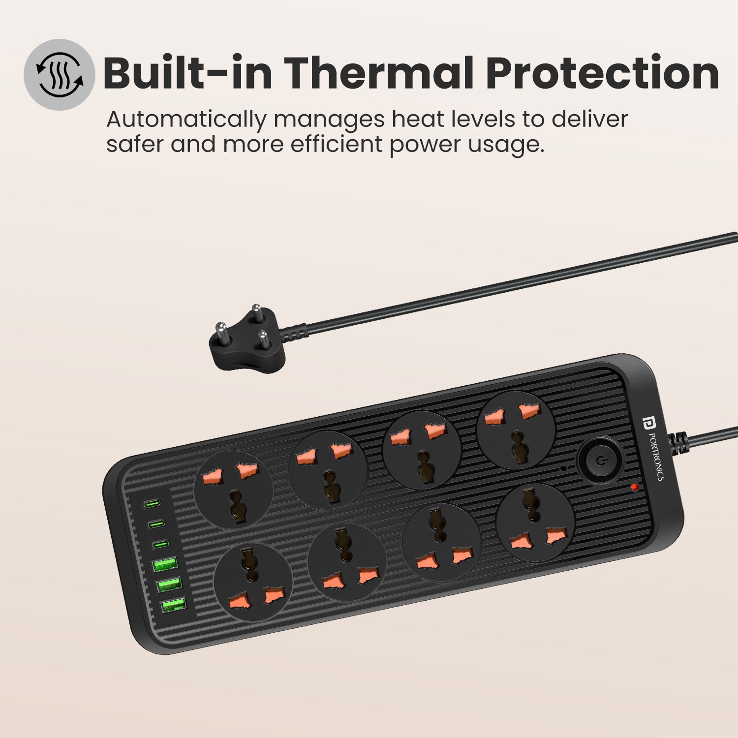 portronics power plate 7 pro overload protection extension board | advanced internal thermal management circuit safeguarding connected electronics against excessive heat and power surges | protecting expensive appliances and smart devices from electrical fluctuations and overheating hazards | electric extension board with built in thermal protection and master switch