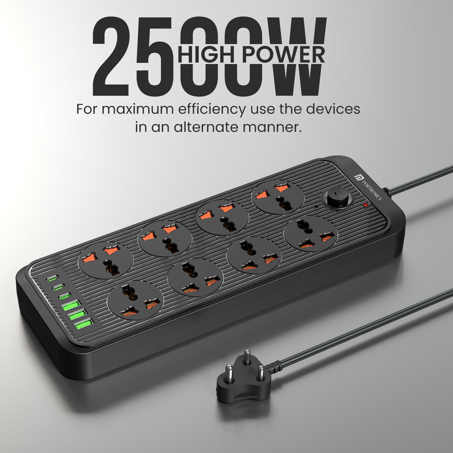 portronics power plate 7 pro heavy duty extension board | robust two thousand five hundred watt electrical load capacity managing high wattage appliances effortlessly | running home entertainment systems gaming rigs and heavy office machinery without tripping circuits | high power 2500w extension board for heavy duty appliances