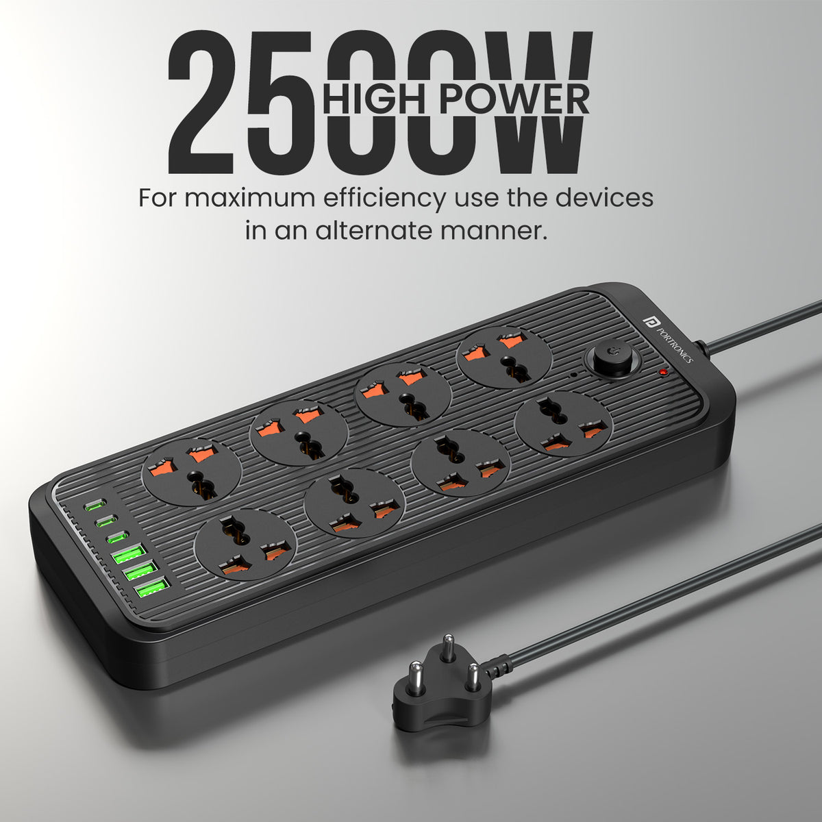 portronics power plate 7 pro heavy duty extension board | robust two thousand five hundred watt electrical load capacity managing high wattage appliances effortlessly | running home entertainment systems gaming rigs and heavy office machinery without tripping circuits | high power 2500w extension board for heavy duty appliances