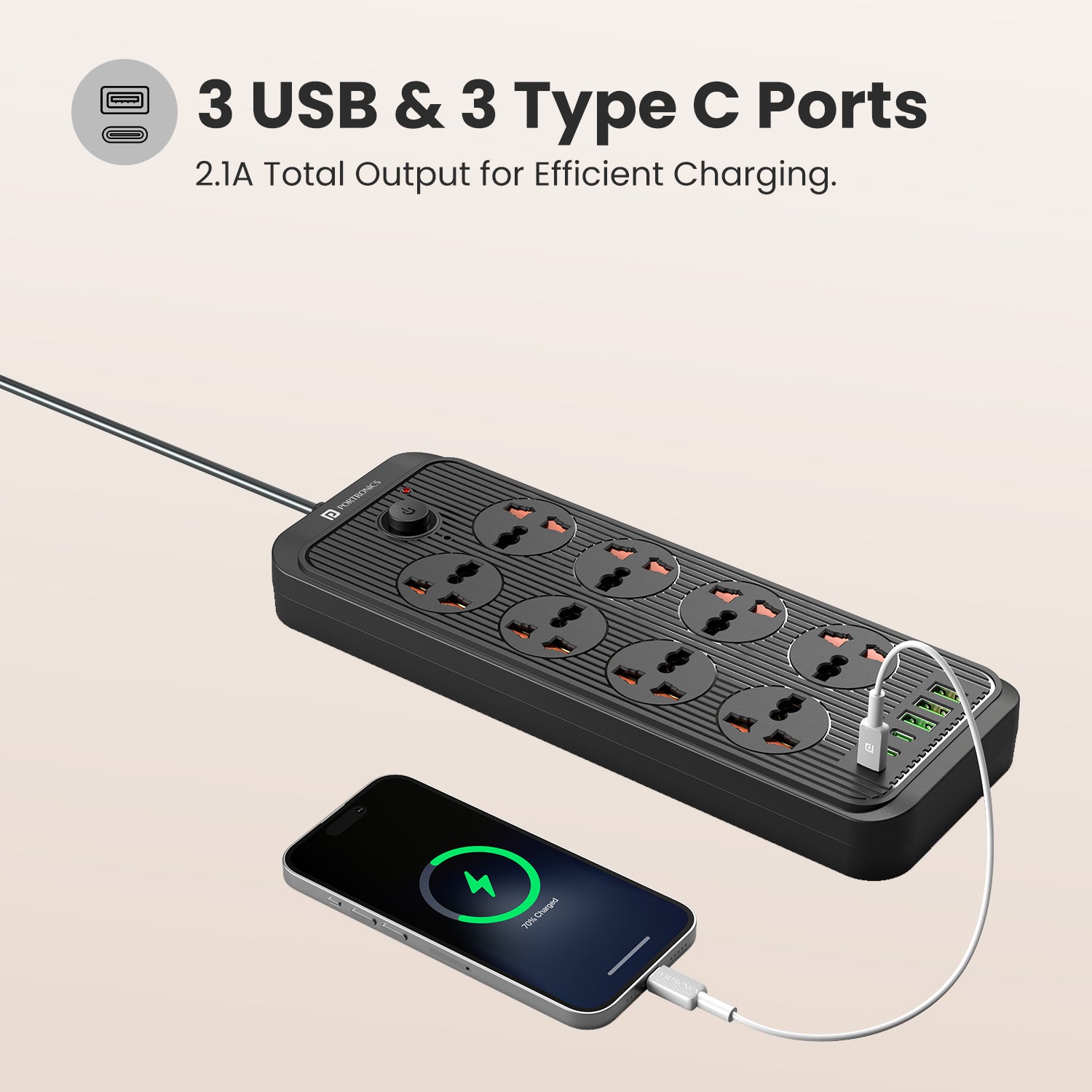 portronics power plate 7 pro usb extension board | six dedicated usb and type c charging slots delivering efficient direct device recharging without adapters | recharging smartphones earbuds and tablets directly without blocking main ac plug spaces | power strip with type c and usb charger for smart devices