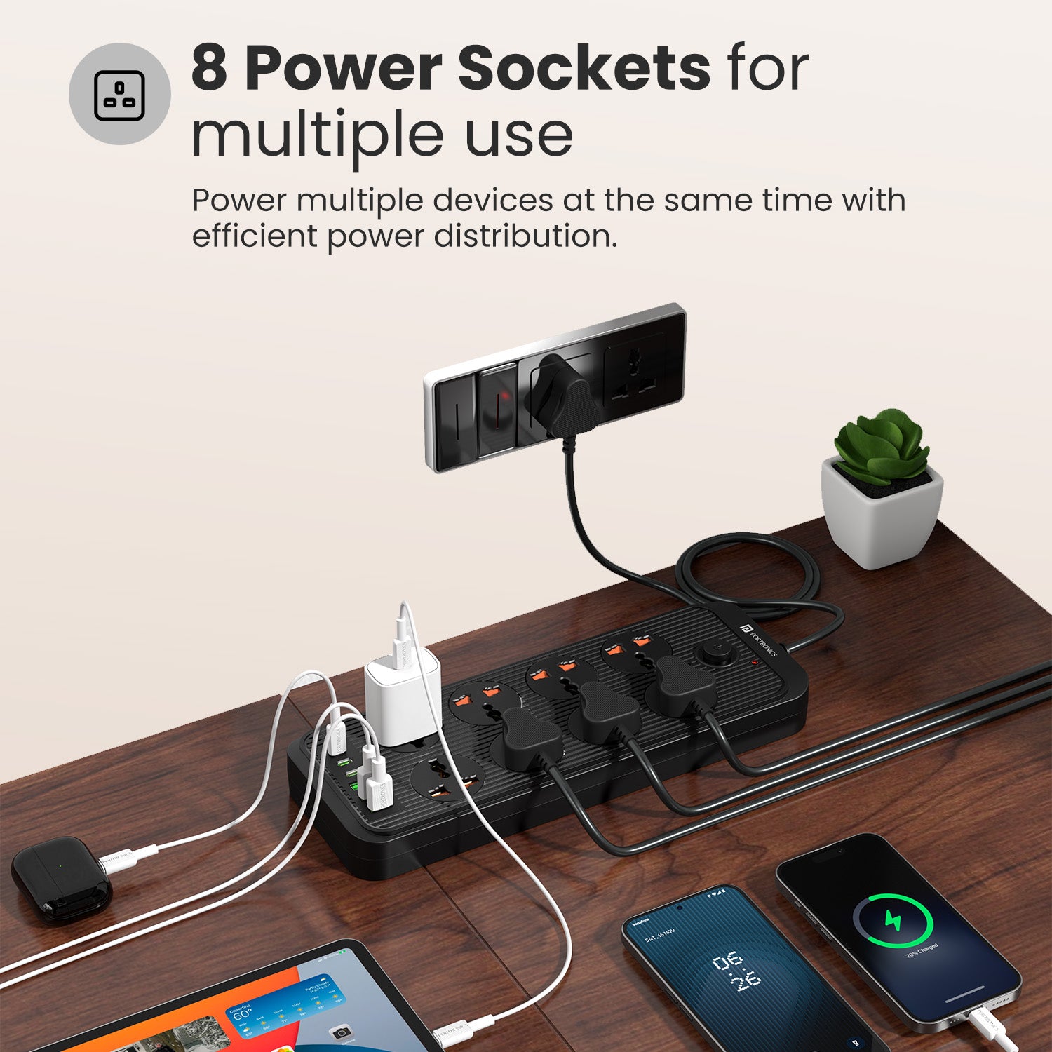 portronics power plate 7 pro workstation power strip | spacious universal socket layout accommodating diverse domestic and international power adapters simultaneously | powering computer peripherals mobile devices and audio equipment on busy conference tables | universal power strip for desk power extension and multi device charging