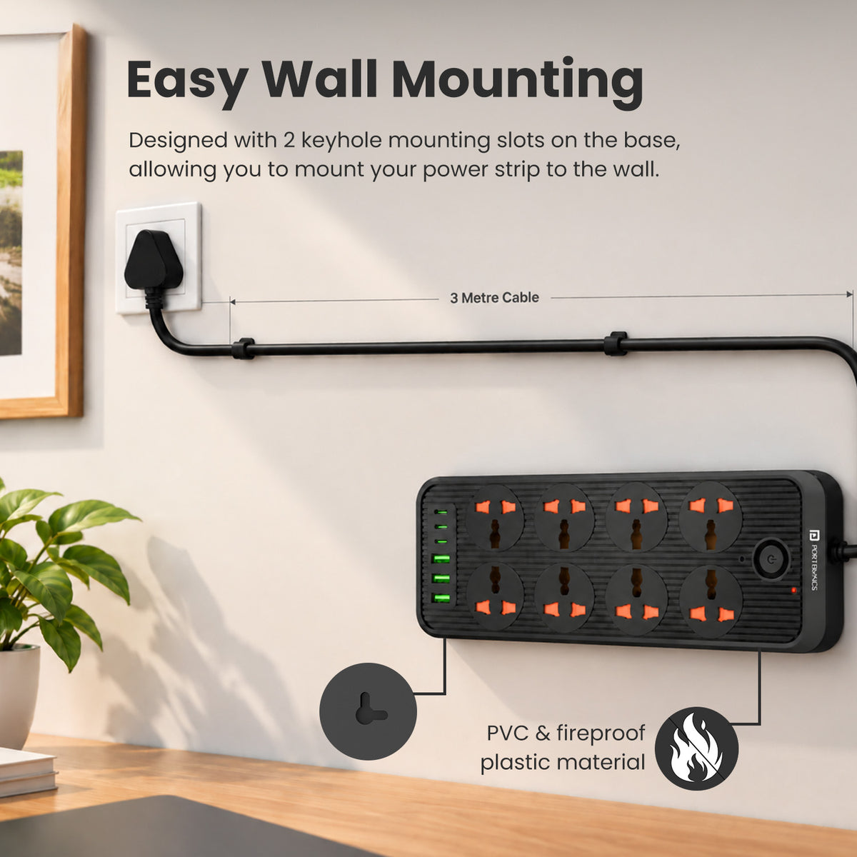 portronics power plate 7 pro universal extension board | dual rear keyhole mounting slots engineered with fire retardant plastic casing for elevated surface installation | mounting power strip securely onto walls above worktables to eliminate tangled floor cords | wall mountable power extension board for tv unit and office setup