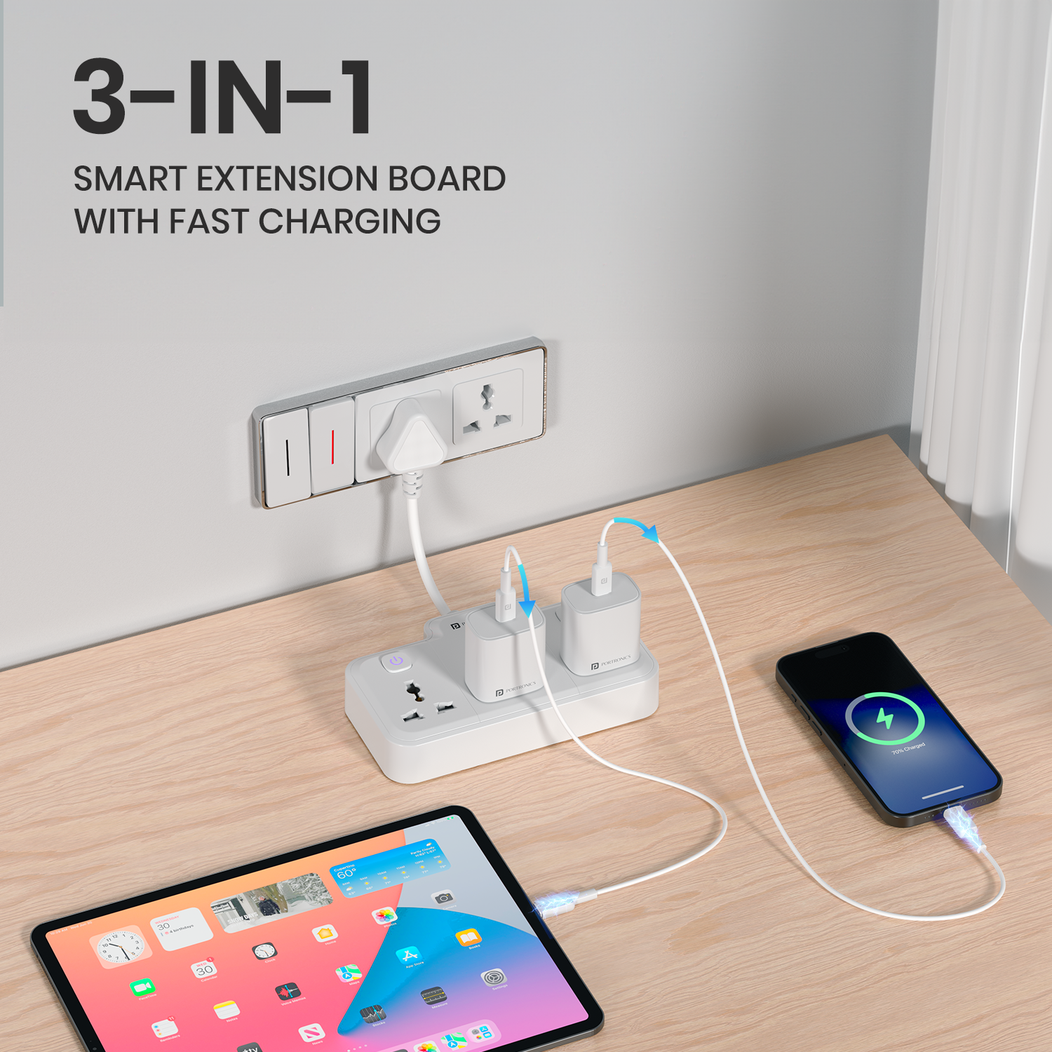 portronics power plate nano 3 in 1 power socket extension | compact portable power board for chargers and fast charger adapters | electric extension board for modern workspaces
