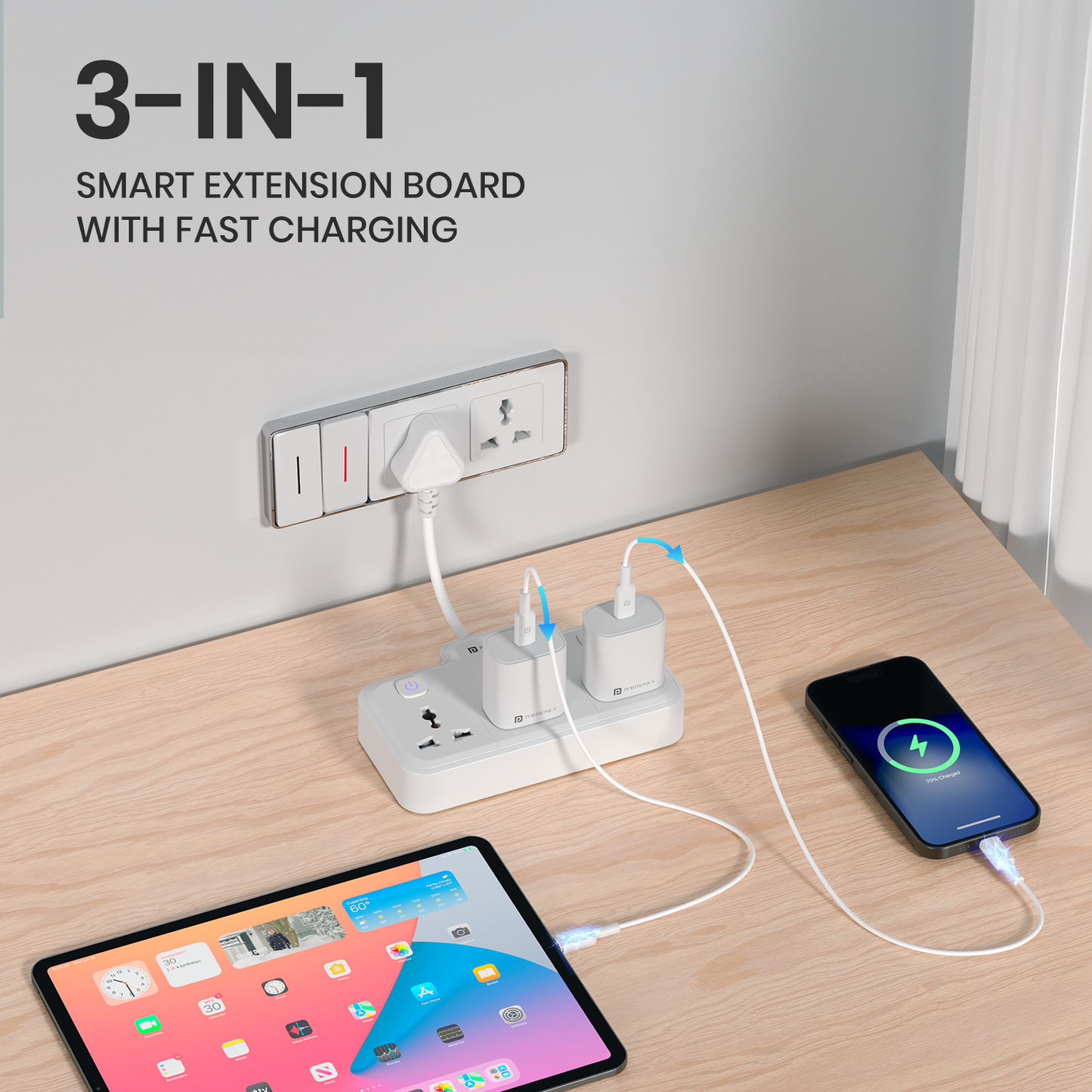 portronics power plate nano 3 in 1 power socket extension | compact portable power board for chargers and fast charger adapters | electric extension board for modern workspaces
