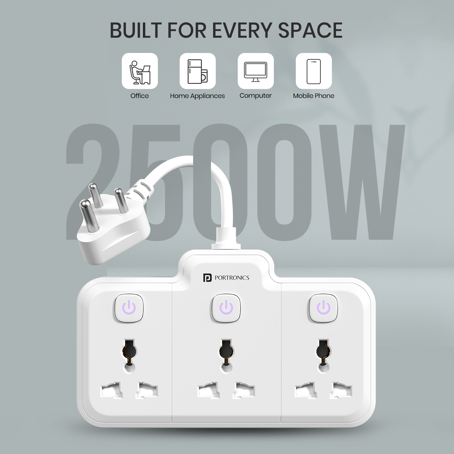 portronics power plate nano power extender | high power 2500w support for chargers laptops and appliances | power socket extension for desk